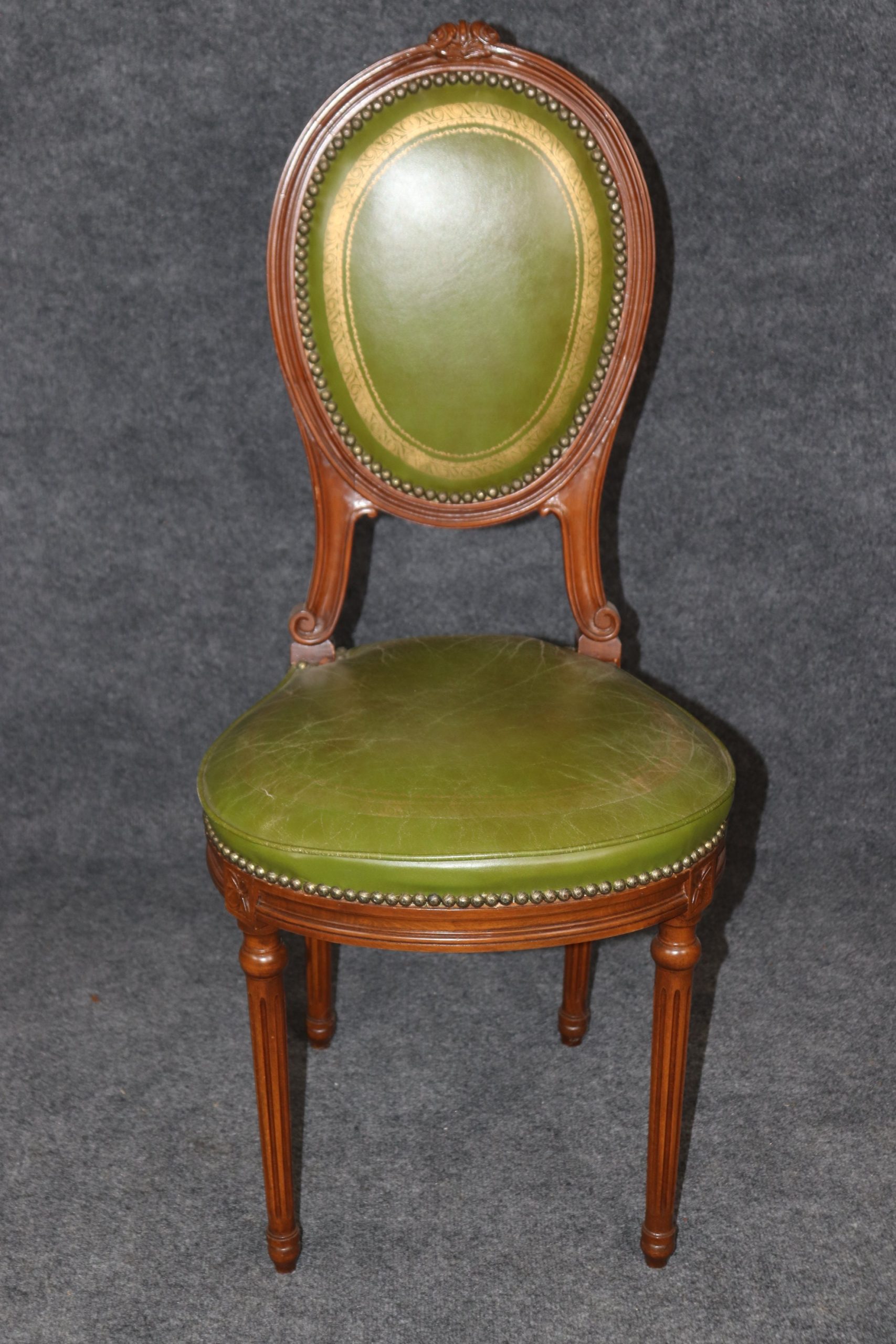 Vintage Louis XVI Style Green Leather Side Chair, Accent Chair - Image 2