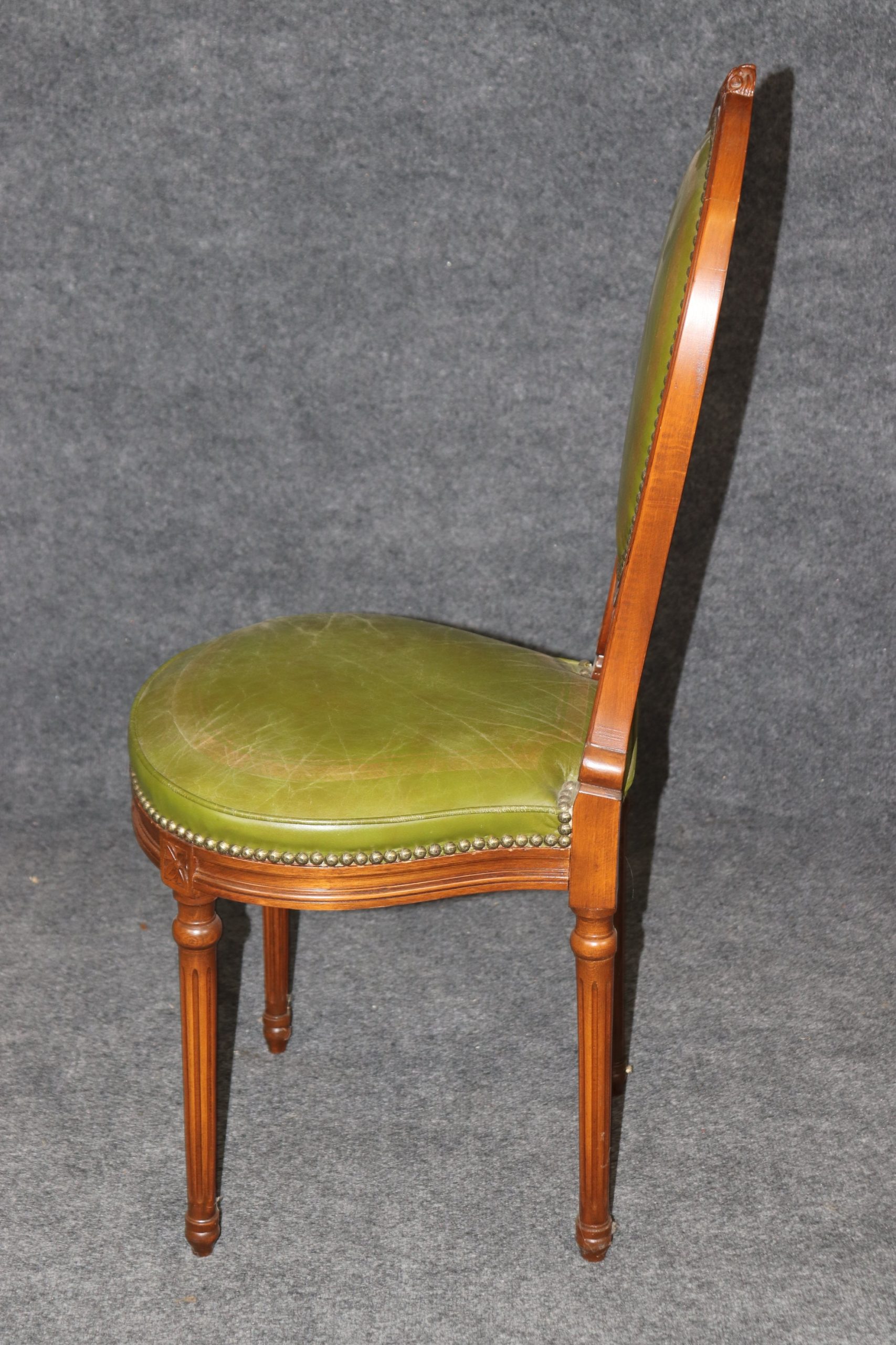Vintage Louis XVI Style Green Leather Side Chair, Accent Chair - Image 3