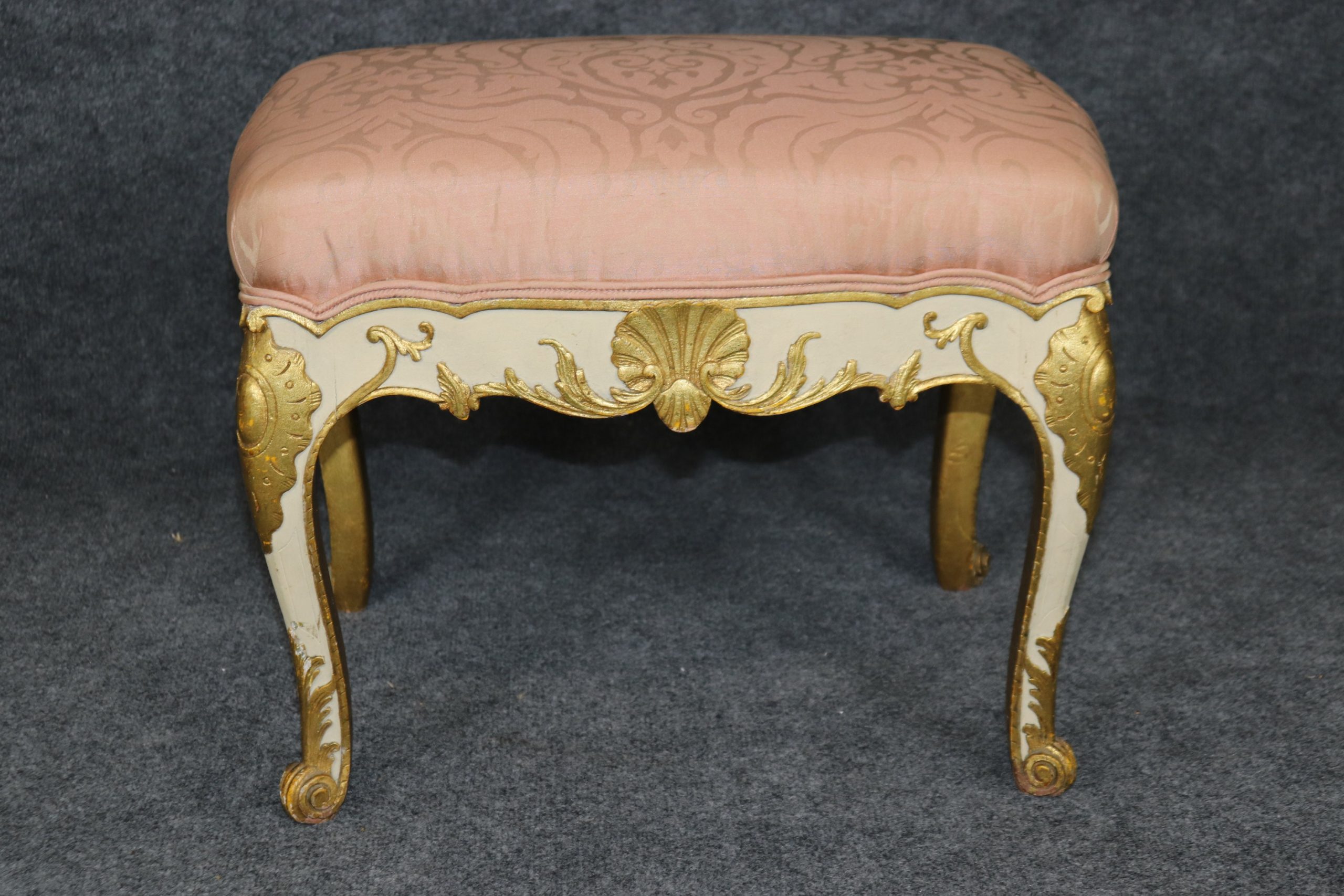 Antique Early 20th Century Regency Style Carved Creme and Gold Gilt Bench, Footstool - Image 2