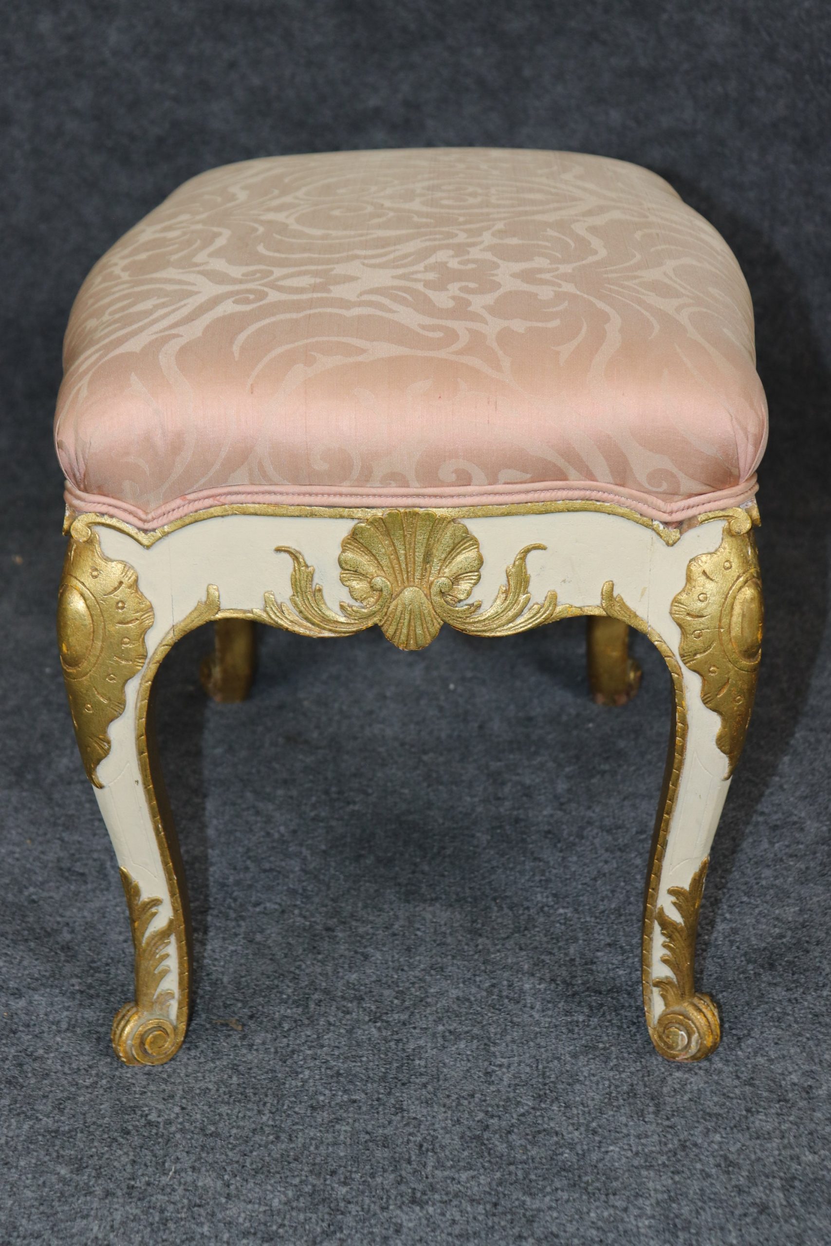 Antique Early 20th Century Regency Style Carved Creme and Gold Gilt Bench, Footstool - Image 5