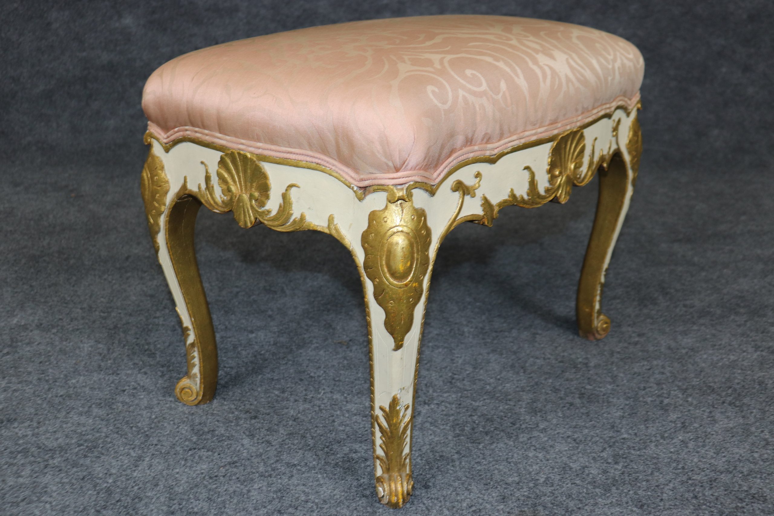 Antique Early 20th Century Regency Style Carved Creme and Gold Gilt Bench, Footstool - Image 10