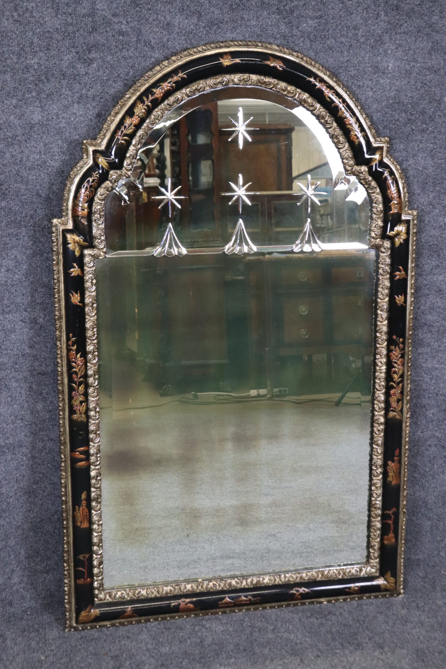 Vintage Ebonized Chinoiserie Etched Panel Wall Hanging Mirror manner of Maison Jansen, Lacquered Mirror - Image 2