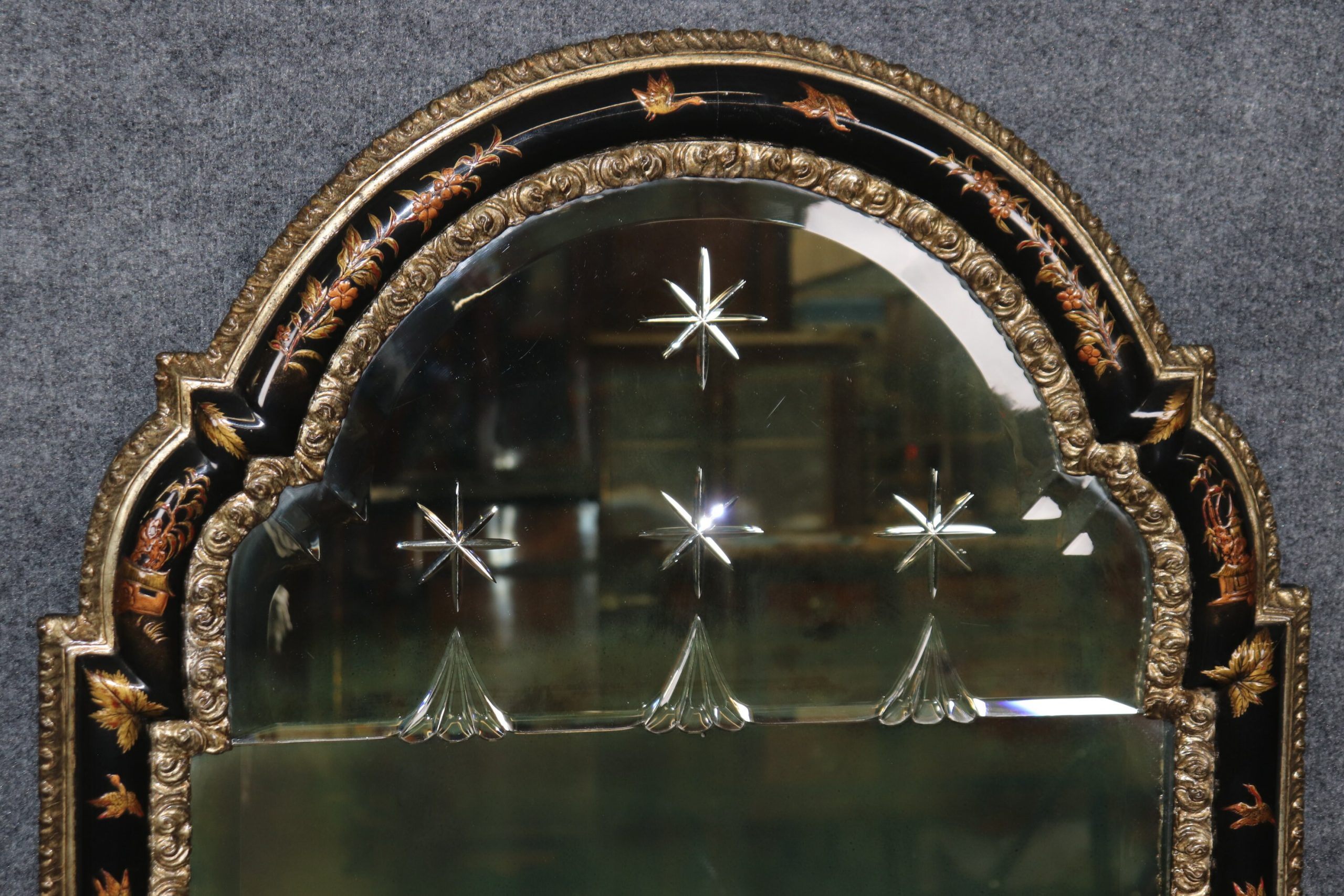 Vintage Ebonized Chinoiserie Etched Panel Wall Hanging Mirror manner of Maison Jansen, Lacquered Mirror - Image 4