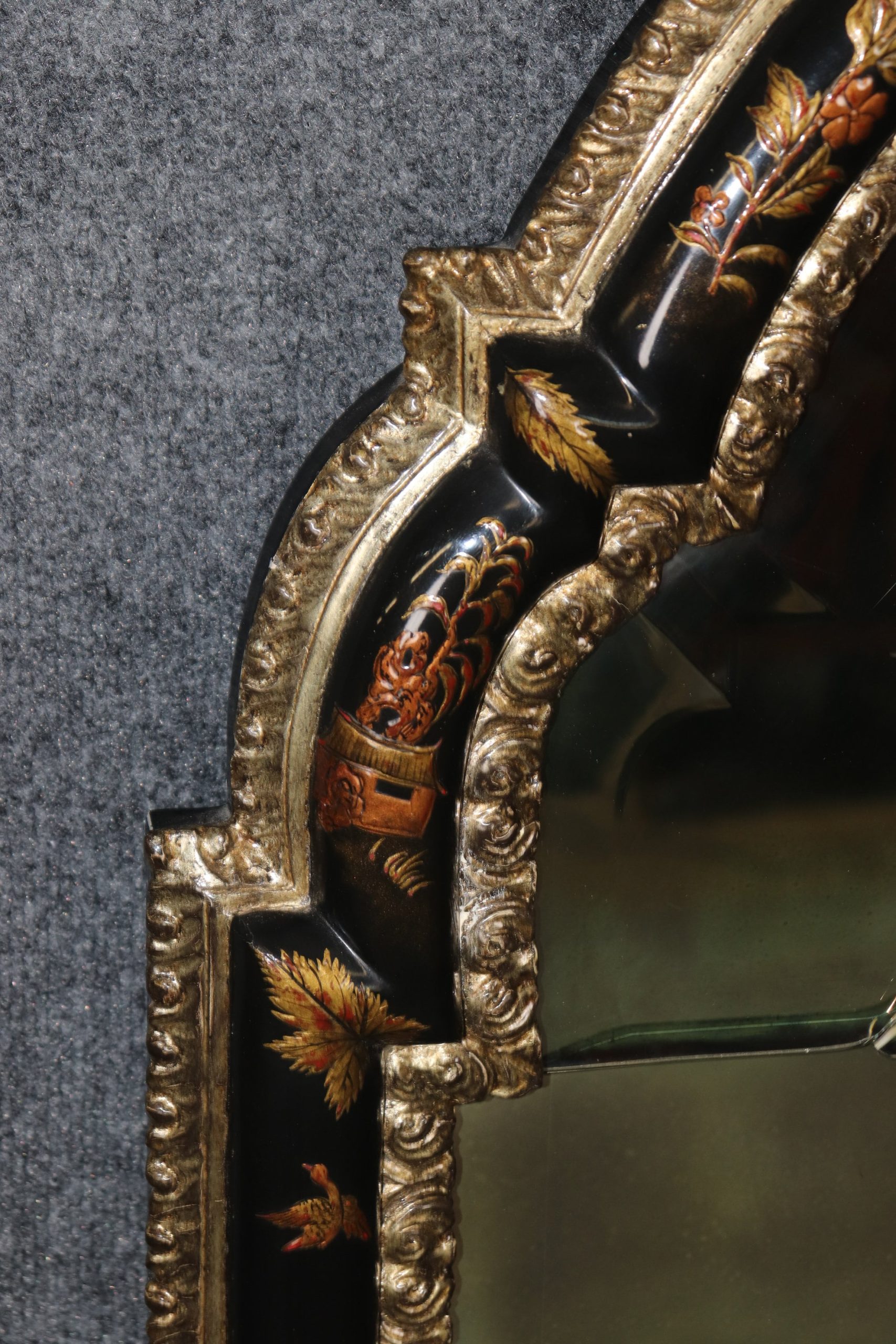 Vintage Ebonized Chinoiserie Etched Panel Wall Hanging Mirror manner of Maison Jansen, Lacquered Mirror - Image 6