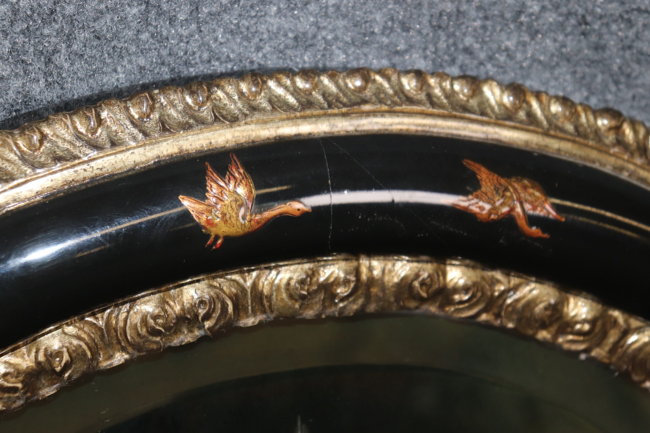 Vintage Ebonized Chinoiserie Etched Panel Wall Hanging Mirror manner of Maison Jansen, Lacquered Mirror - Image 9