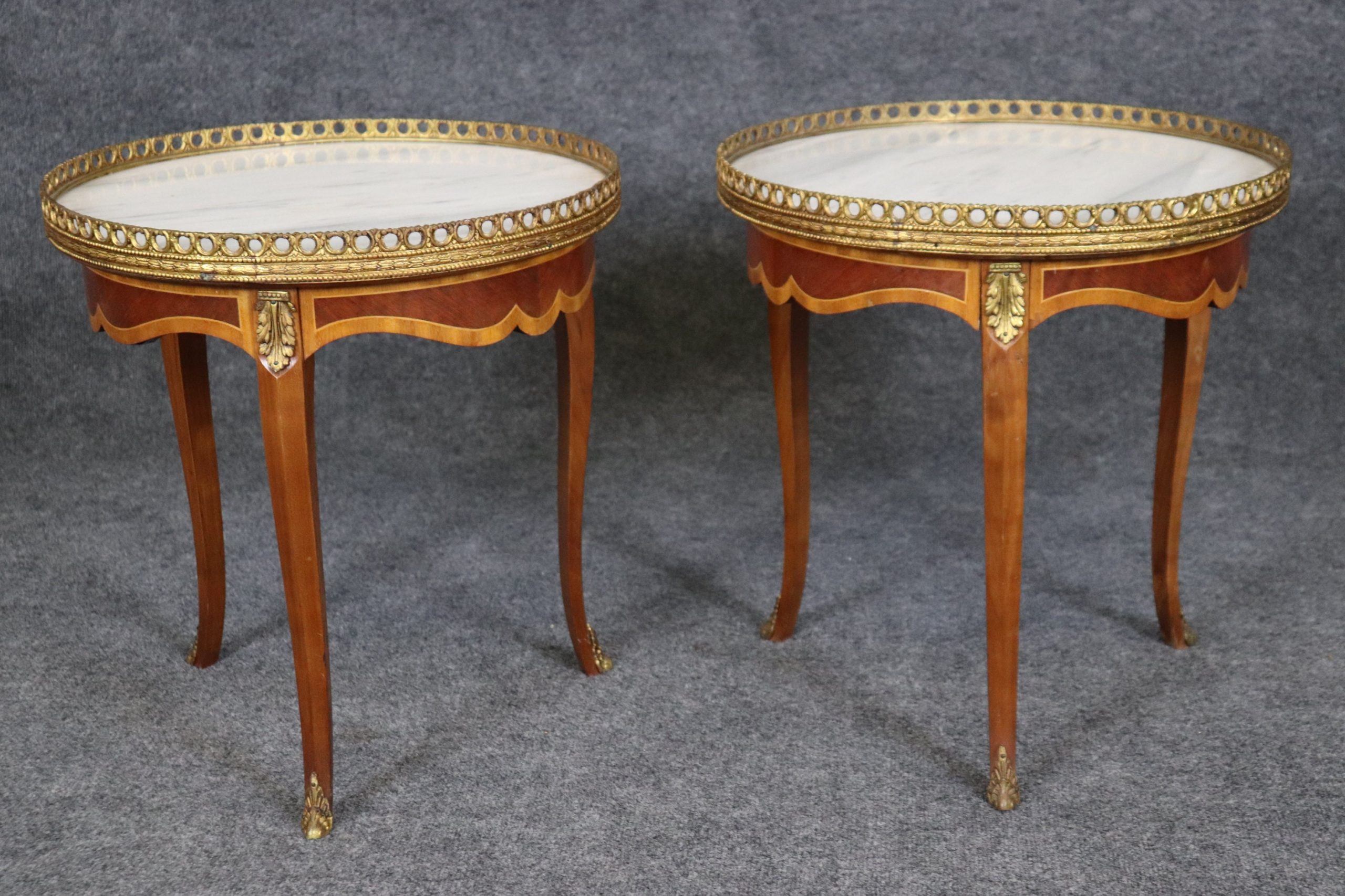 Pair Louis XV Style Brass Mounted Inlaid Marble Top End Tables Side Tables, Accent Tables - Image 4
