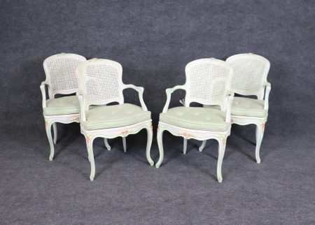 Set of 4 Louis XV Style Mint Green Paint Decorated Cane Back Armchairs, Accent Chairs