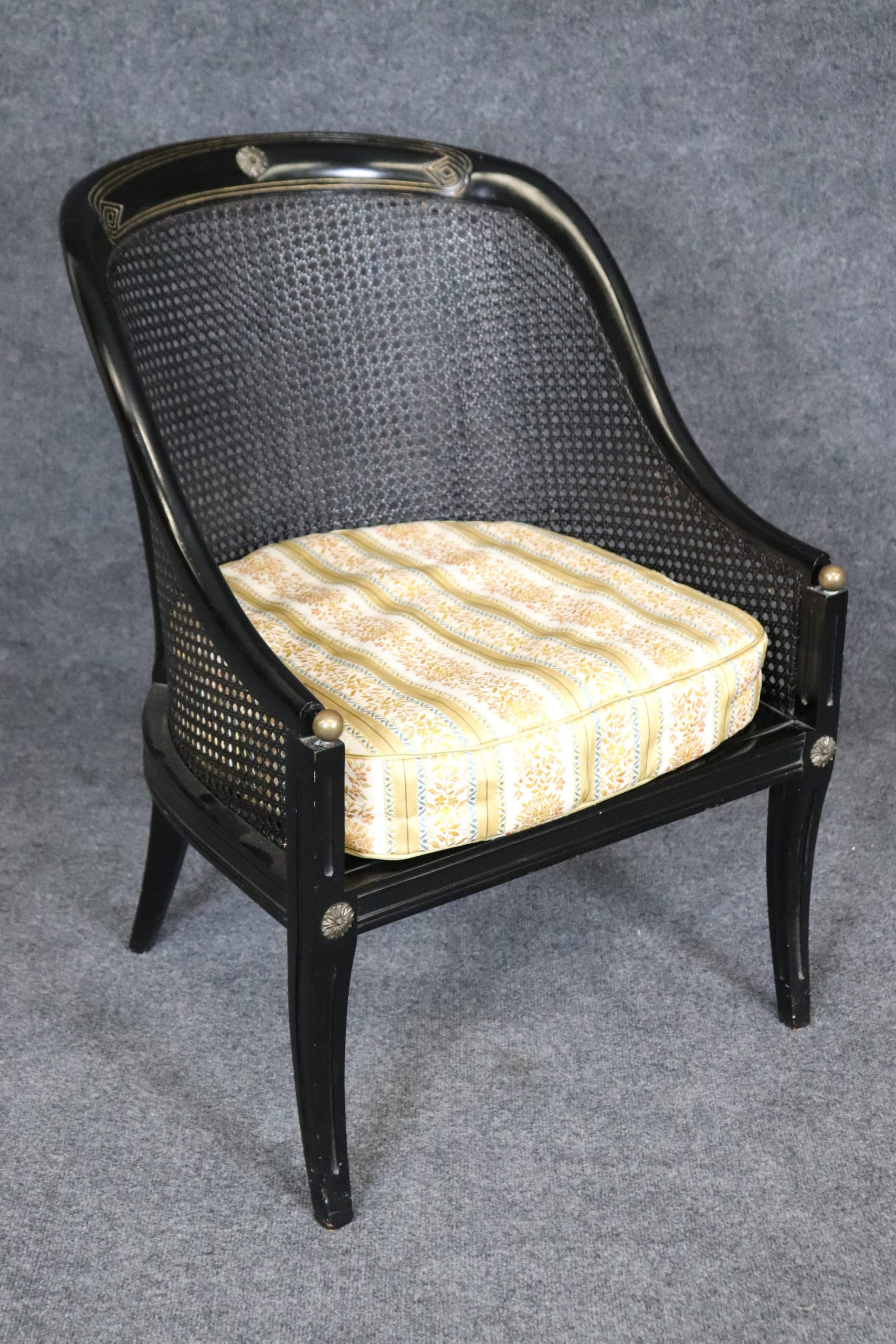 Vintage Pair of Regency Style Ebonized Black Cane Back Bergeres with Brass Accents, Vintage Chairs - Image 5