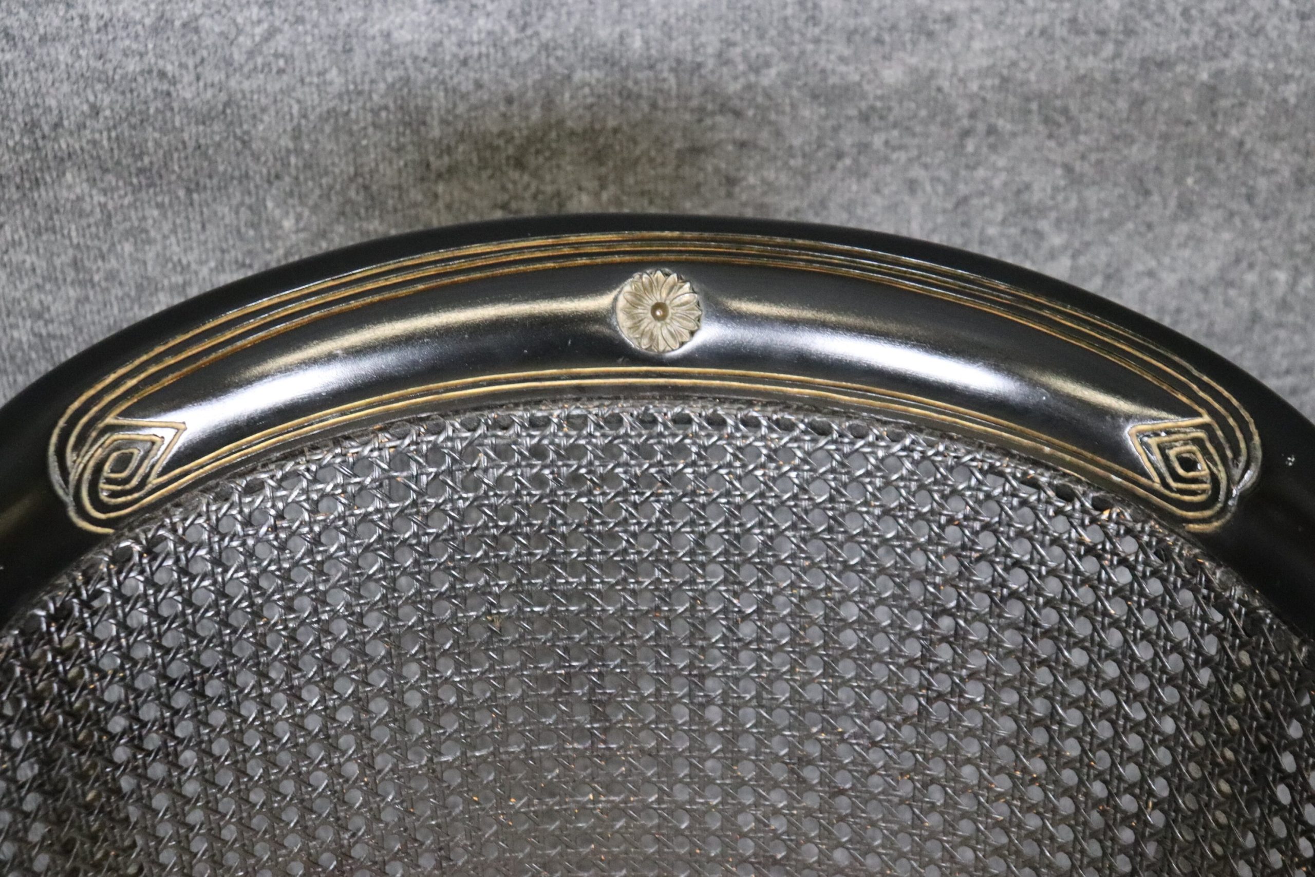 Vintage Pair of Regency Style Ebonized Black Cane Back Bergeres with Brass Accents, Vintage Chairs - Image 6