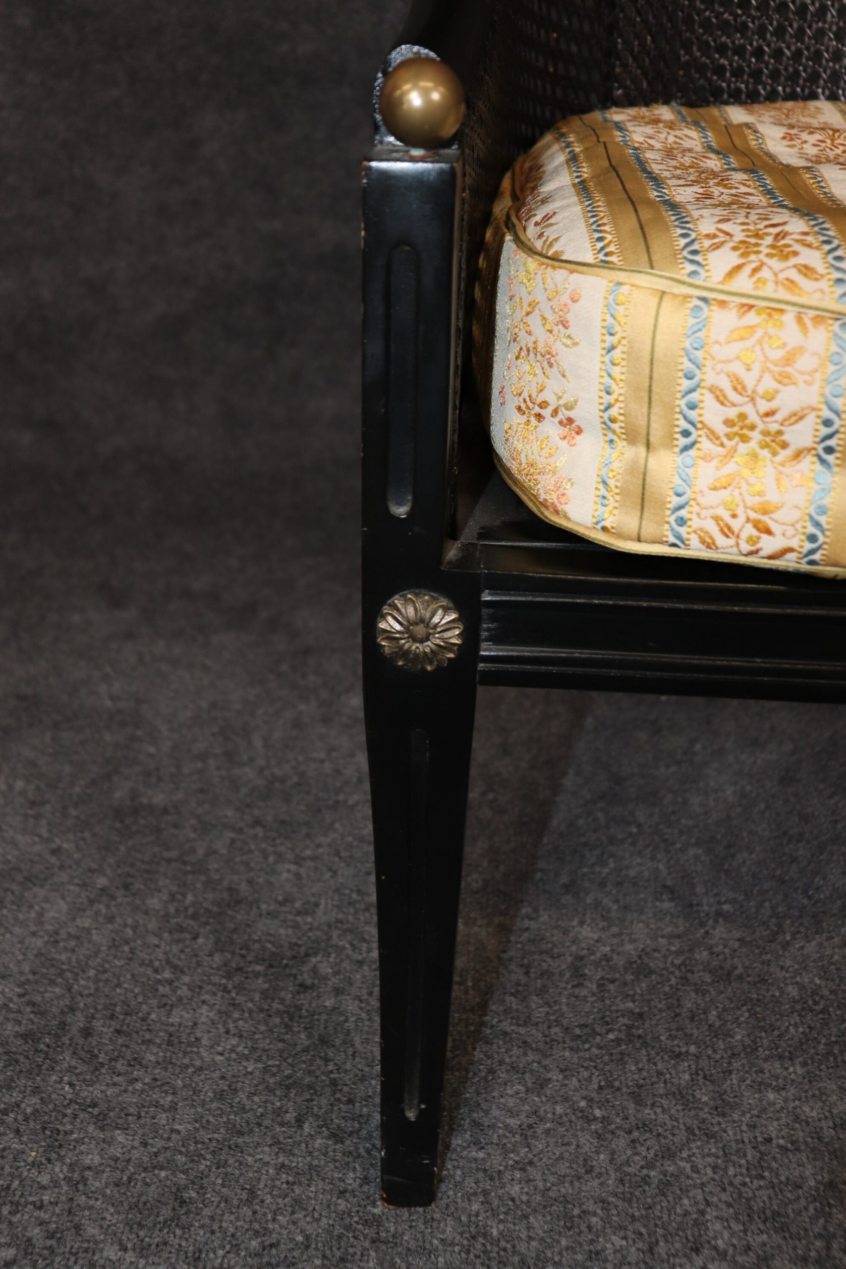 Vintage Pair of Regency Style Ebonized Black Cane Back Bergeres with Brass Accents, Vintage Chairs - Image 7