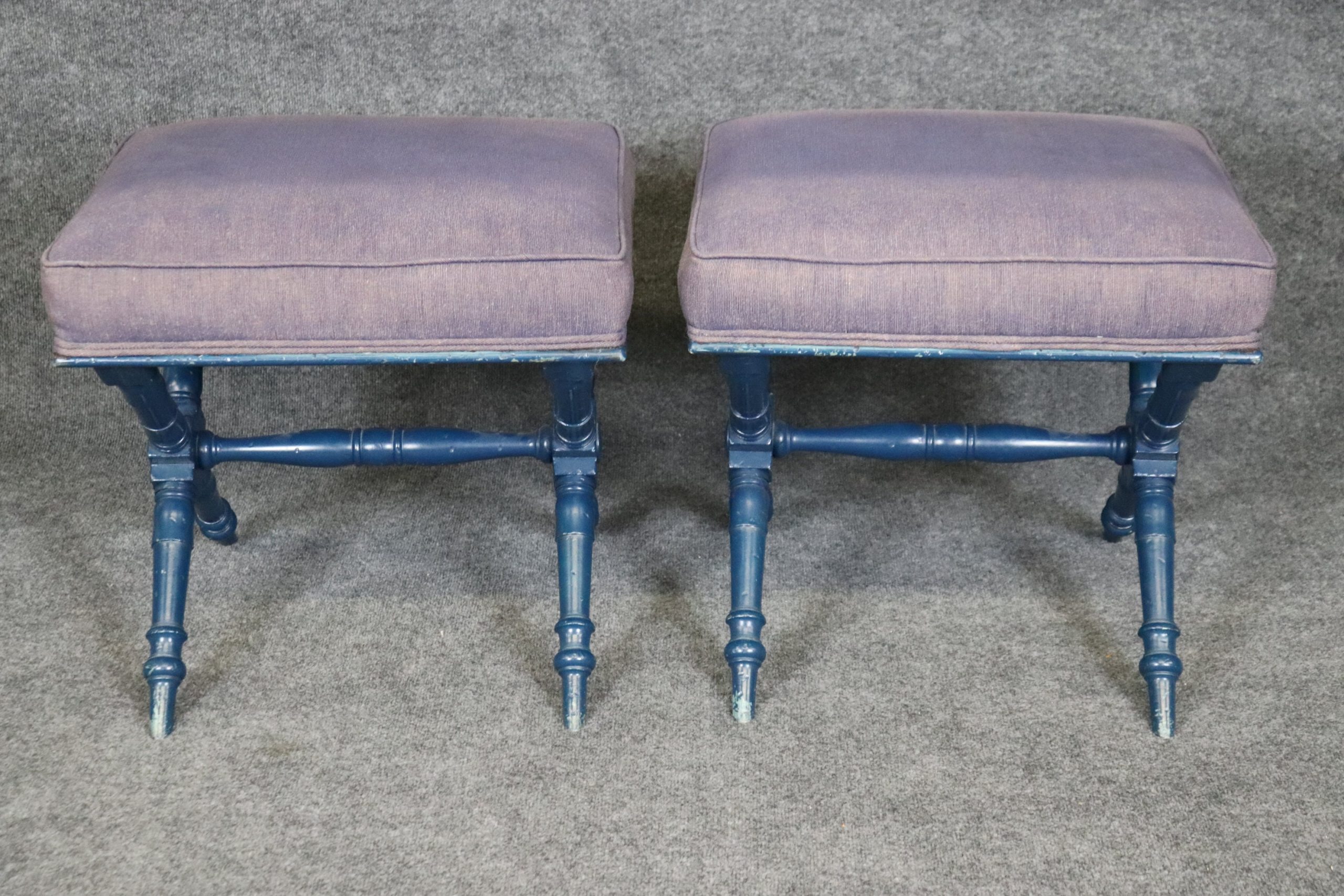 Mid Century Pair of Blue Regency Style X Benches, Footstools - Image 4