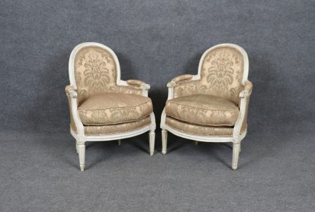 Pair of 18th Century Louis XVI White Paint Decorated Bergeres, Armchairs