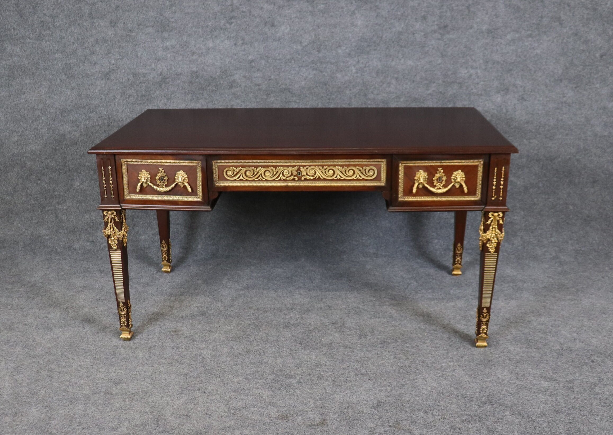 French Louis XVI Style Bronze Mounted Desk manner of Francois Linke, Executive Desk