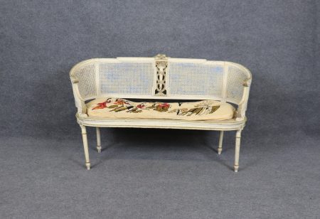 French Louis XVI Style Distressed Paint Decorated Cane Back Settee, Loveseat