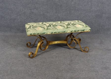 Vintage Hollywood Regency Gilt Metal Upholstered Bench, Footstool