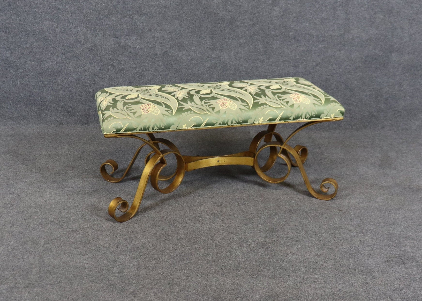 Vintage Hollywood Regency Gilt Metal Upholstered Bench, Footstool