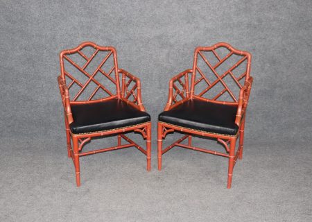 Mid Century Pair of Regency Style Red Faux Bamboo Armchairs, Accent Chairs