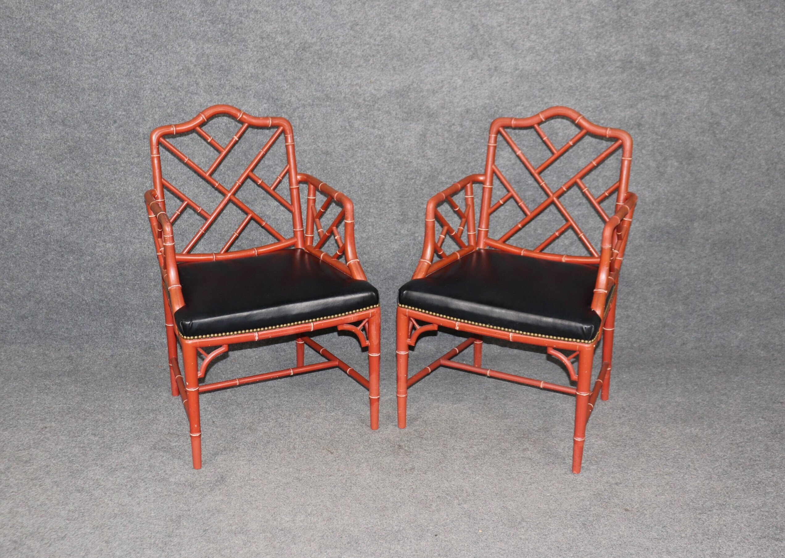 Mid Century Pair of Regency Style Red Faux Bamboo Armchairs, Accent Chairs