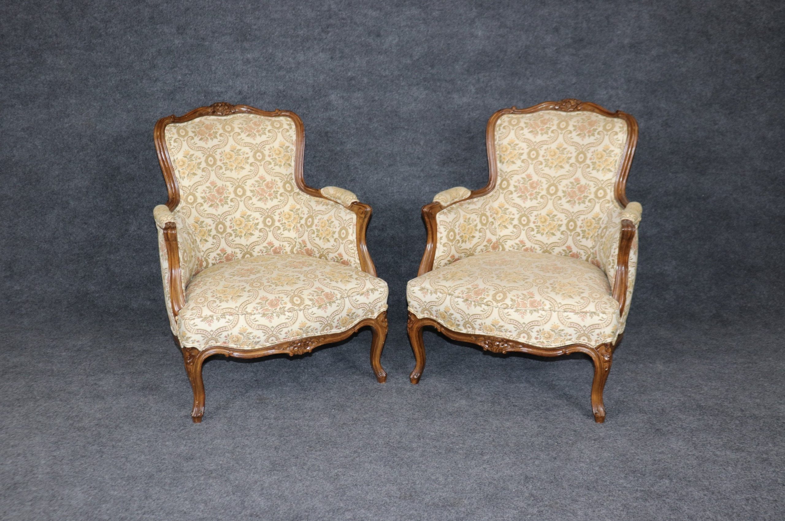 Vintage Louis XV Style Armchairs: Floral Upholstered Bergeres, Pair