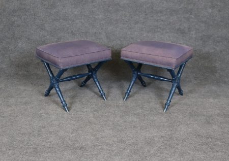 Mid Century Pair of Blue Regency Style X Benches, Footstools