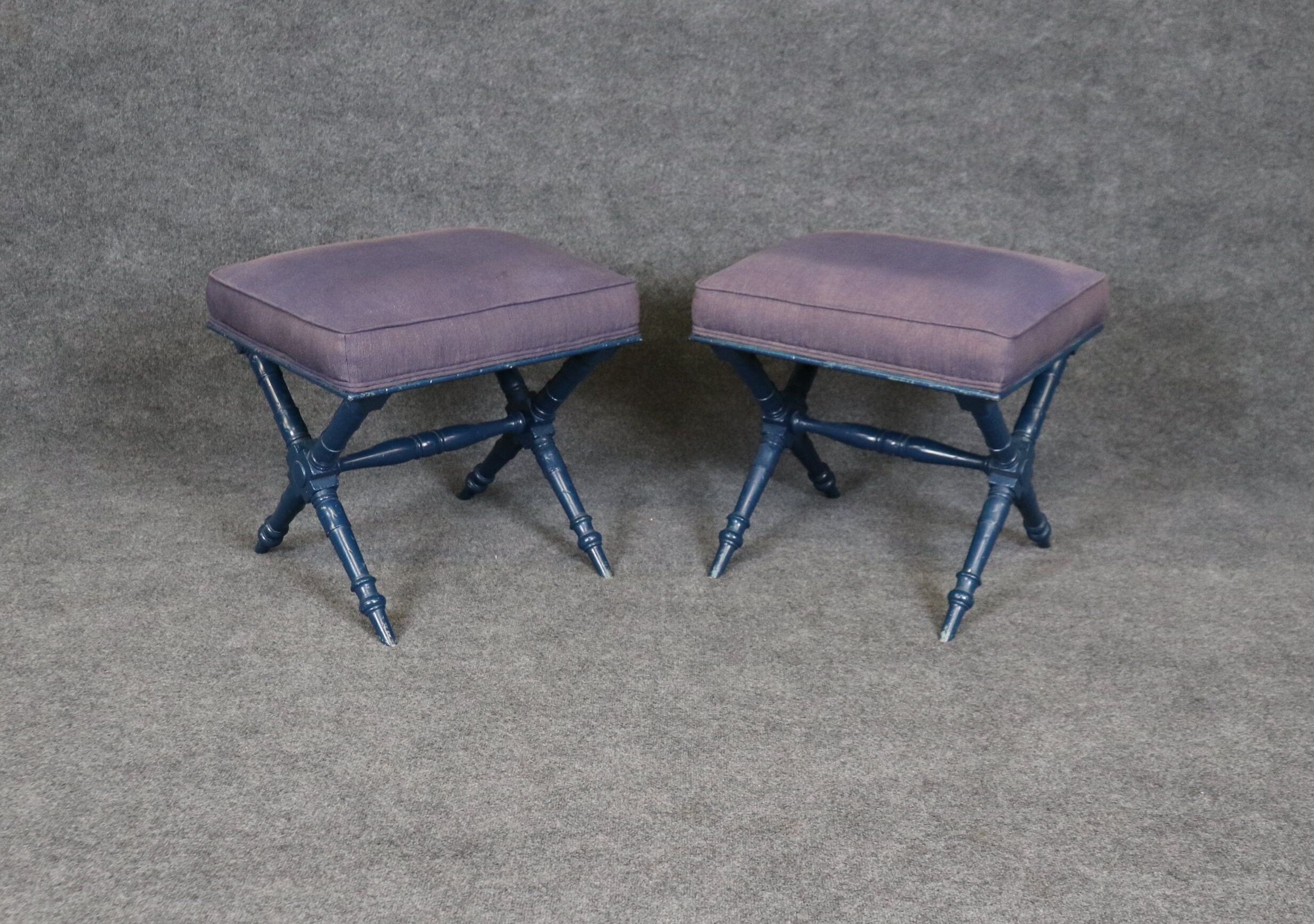 Mid Century Pair of Blue Regency Style X Benches, Footstools