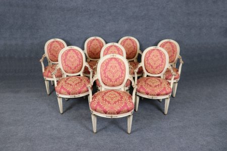 Antique Set of 8 Louis XVI Style Paint Decorated Dining Room Chairs, Vintage Chairs