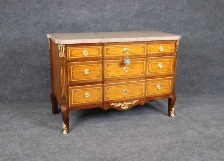 Antique Louis XV Style Marble Top Commode: Inlaid French Chest of Drawers