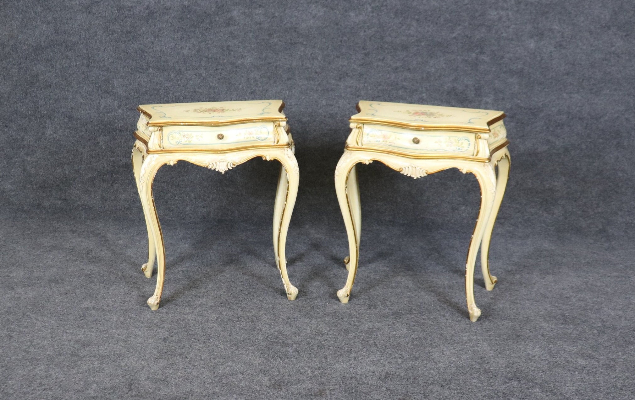 Antique Pair of Italian Paint Decorated Venetian Style Nightstands circa 1910s End Tables Side Tables, Accent Tables