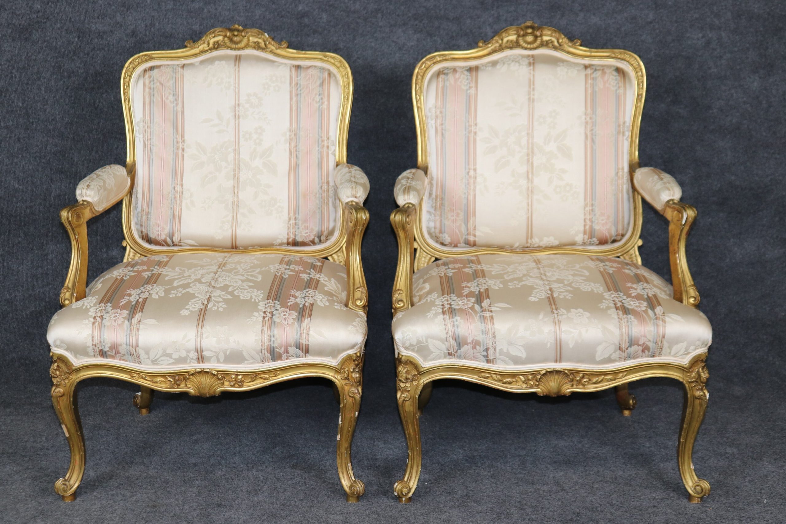 Antique Pair of French Louis XV Style Carved Gold Gilt Bergeres, Armchairs - Image 2