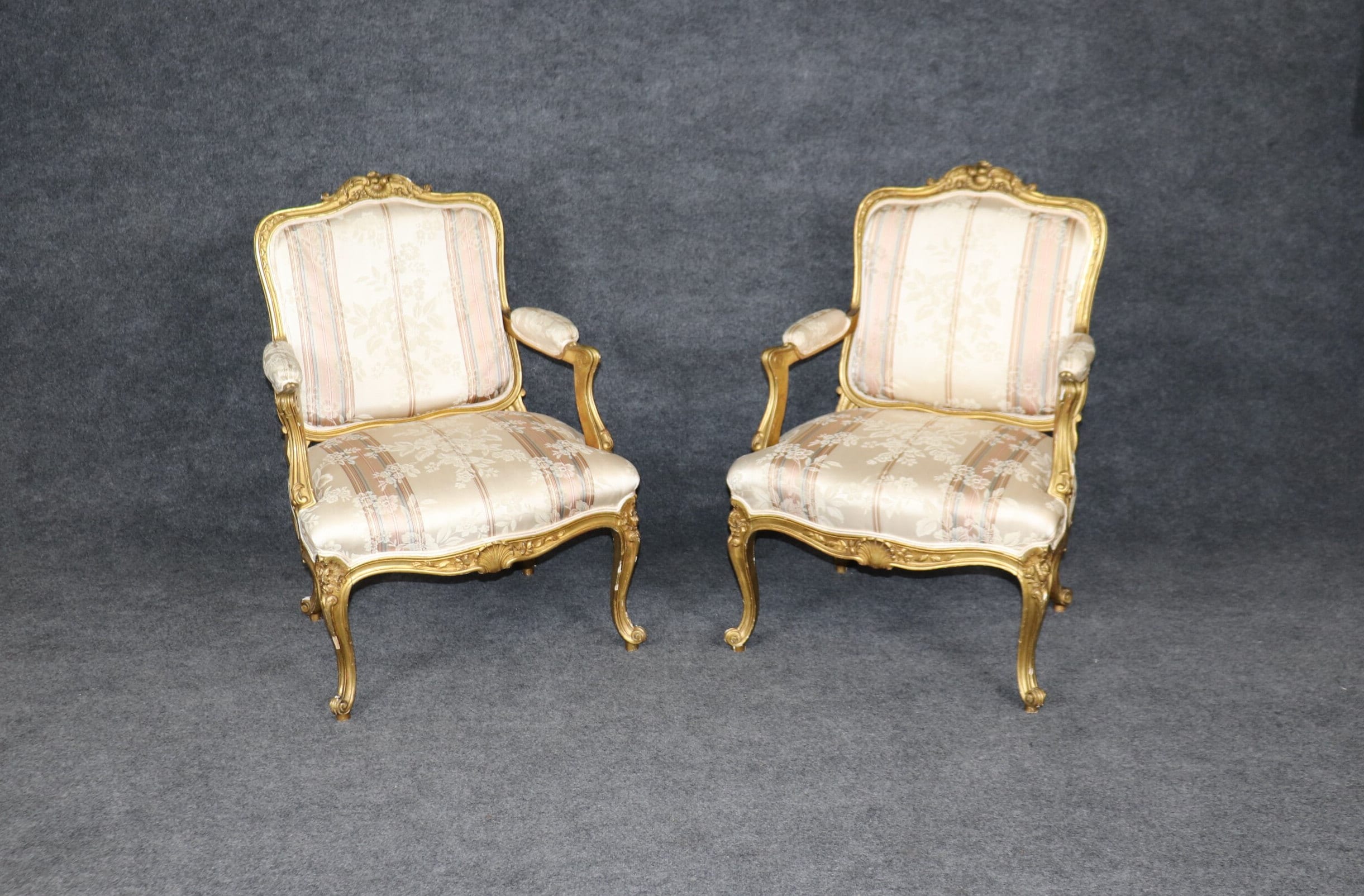 Antique Pair of French Louis XV Style Carved Gold Gilt Bergeres, Armchairs