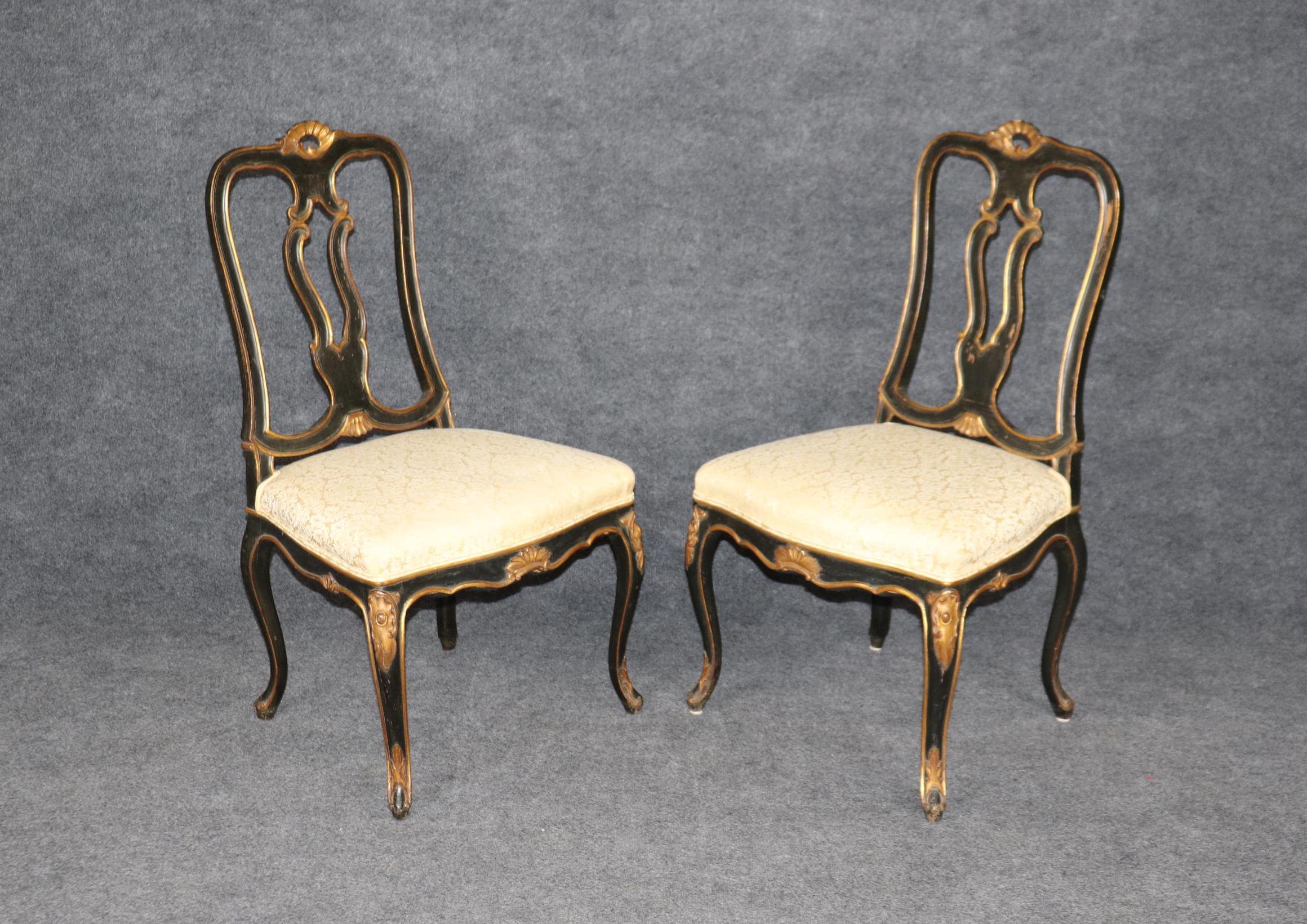 Antique Louis XV Style Side Chairs: Ebonized Gilt Accent Chairs
