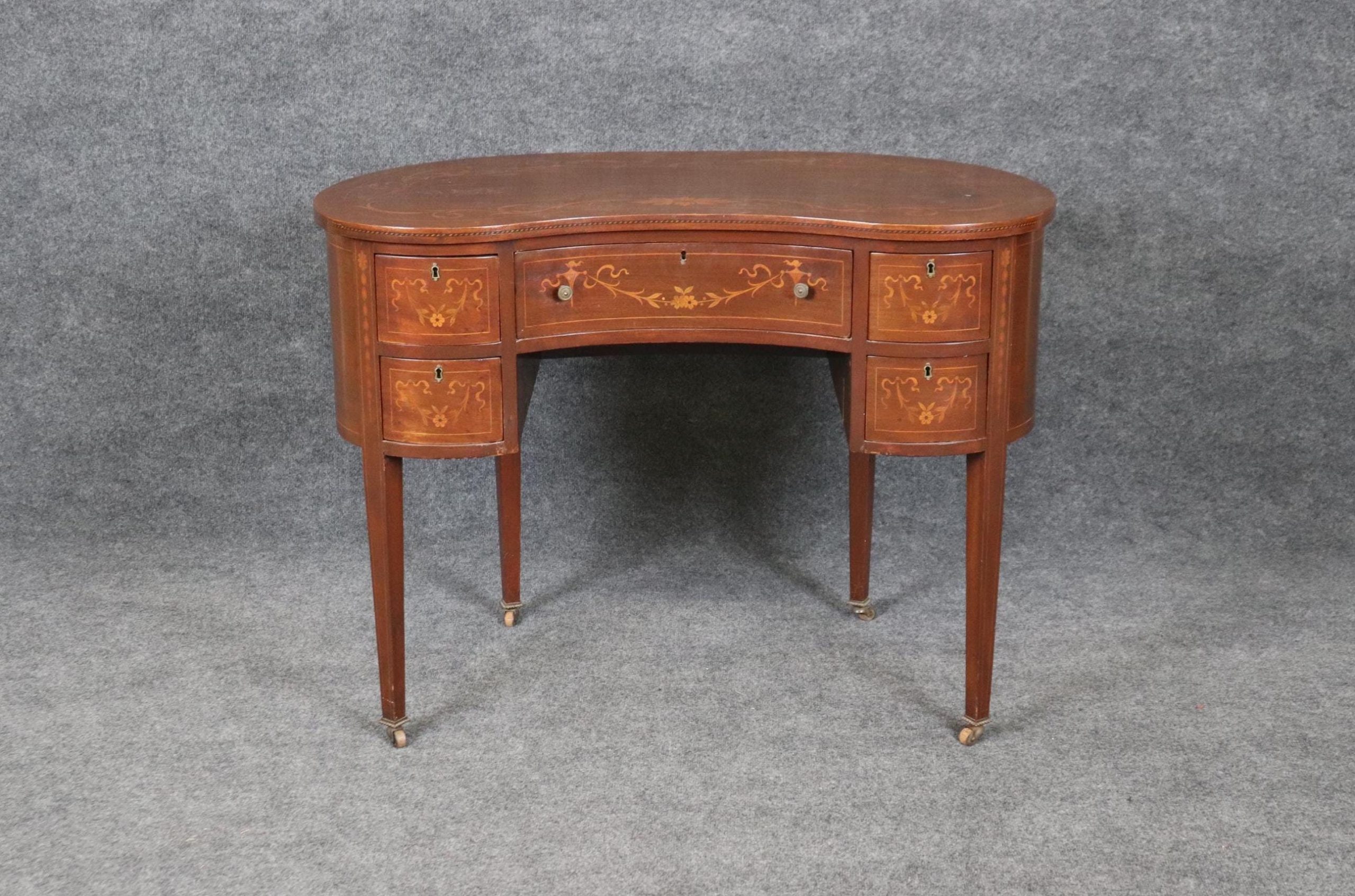 Antique Edwardian Inlaid Kidney Writing Desk with Drawers