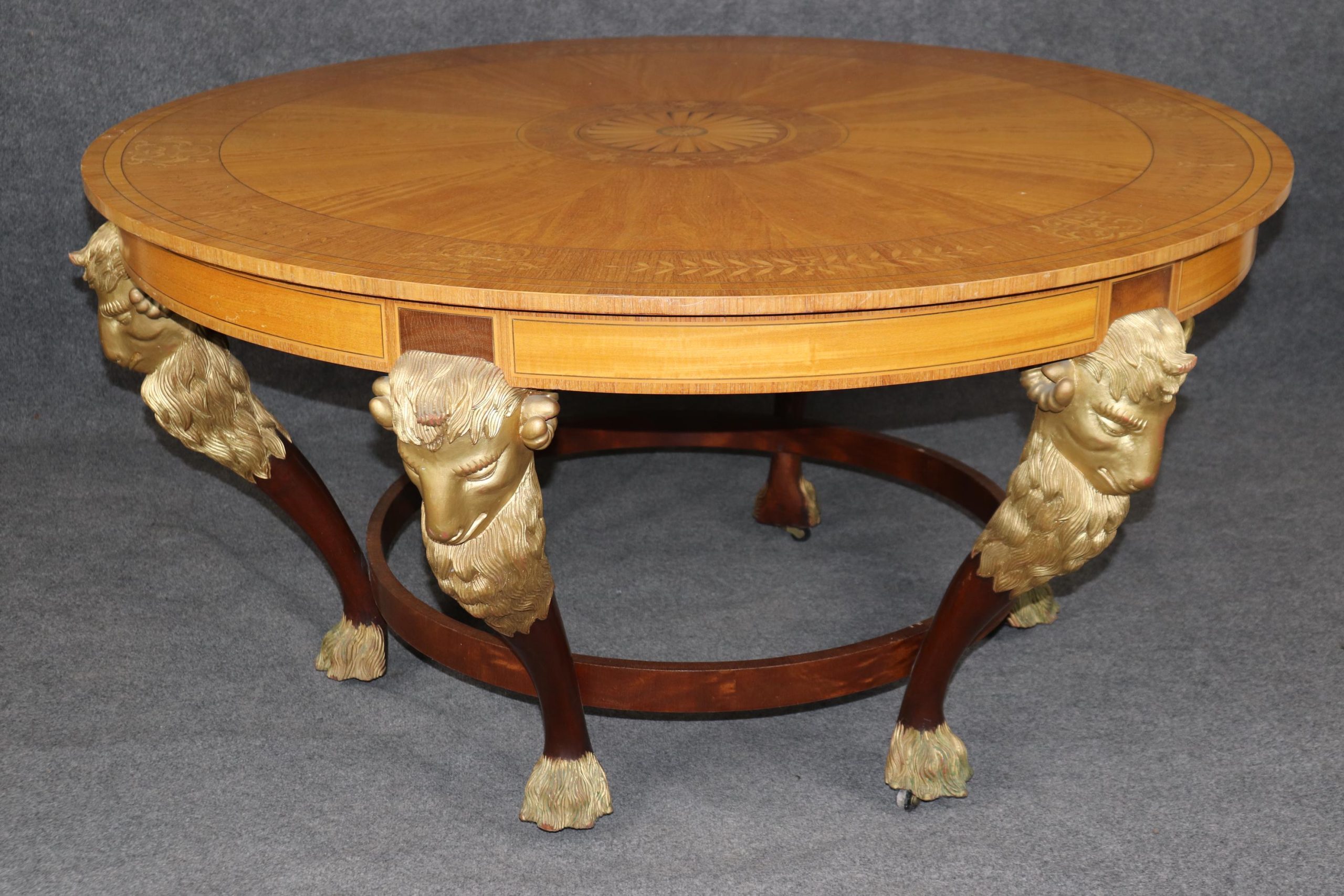 Vintage Regence Style Inlaid Center Table with Gold Rams Head - Image 3