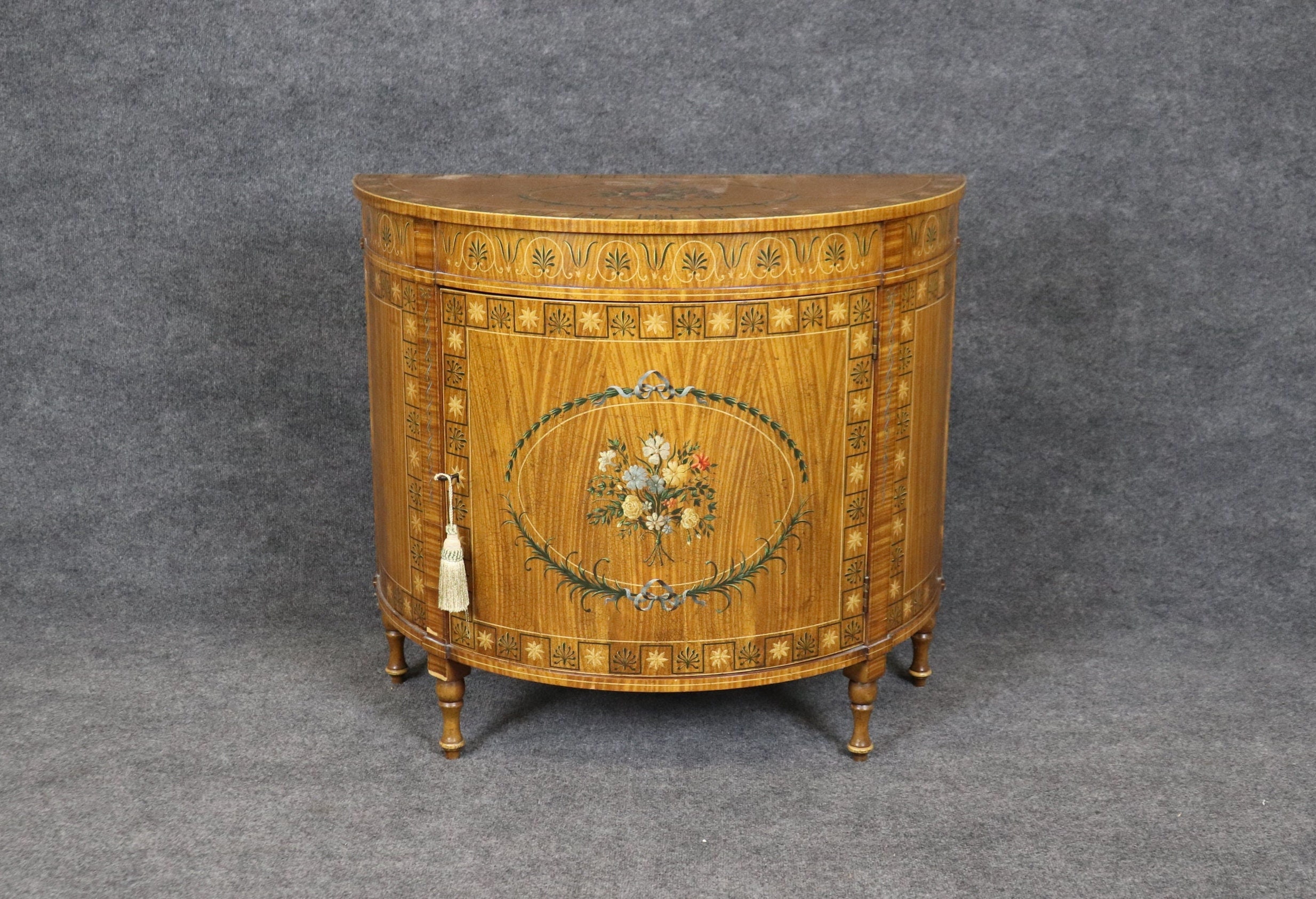 Vintage Adams Style Paint Decorated Demilune Commode Cabinet