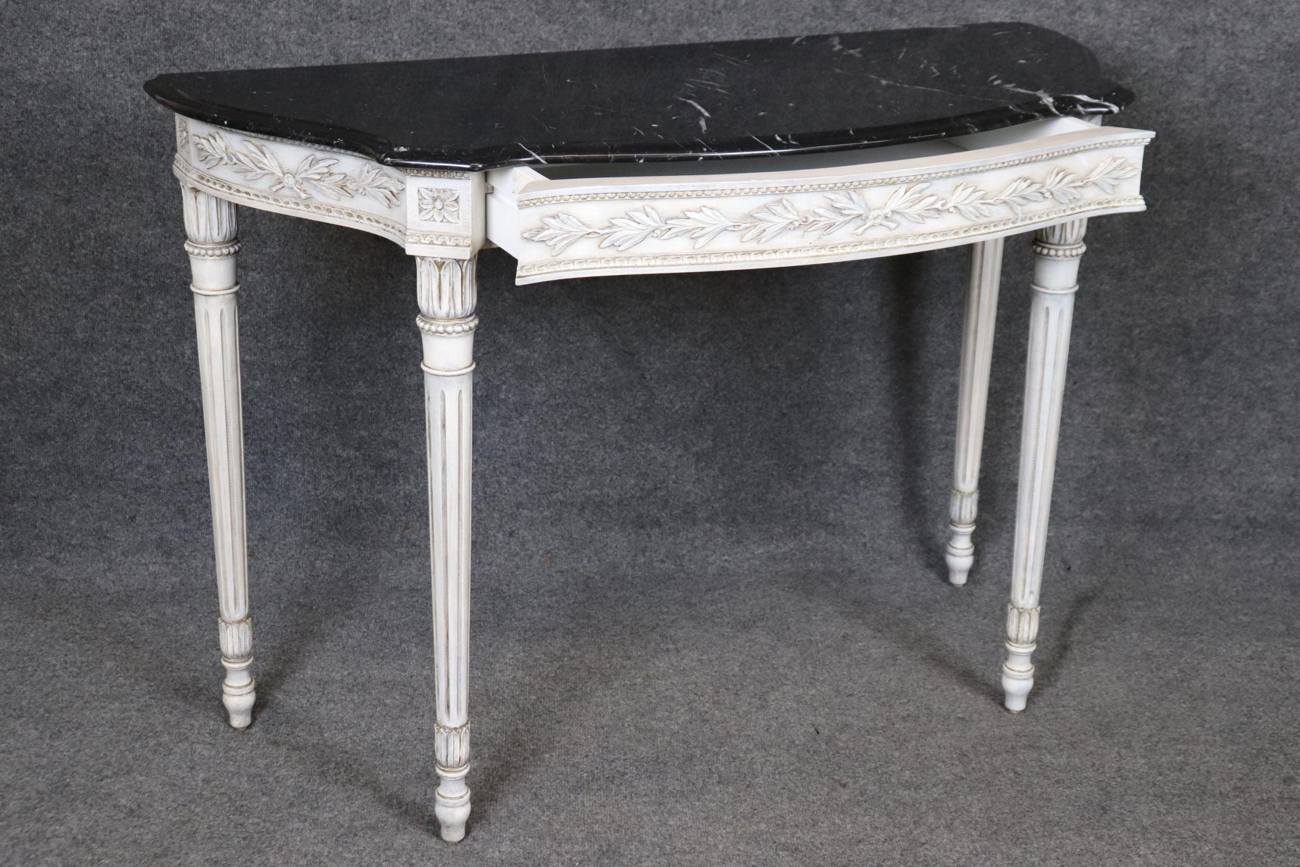 Mid Century Louis XVI Style Marble Top Console Tables - Distressed Painted Pair - Image 4