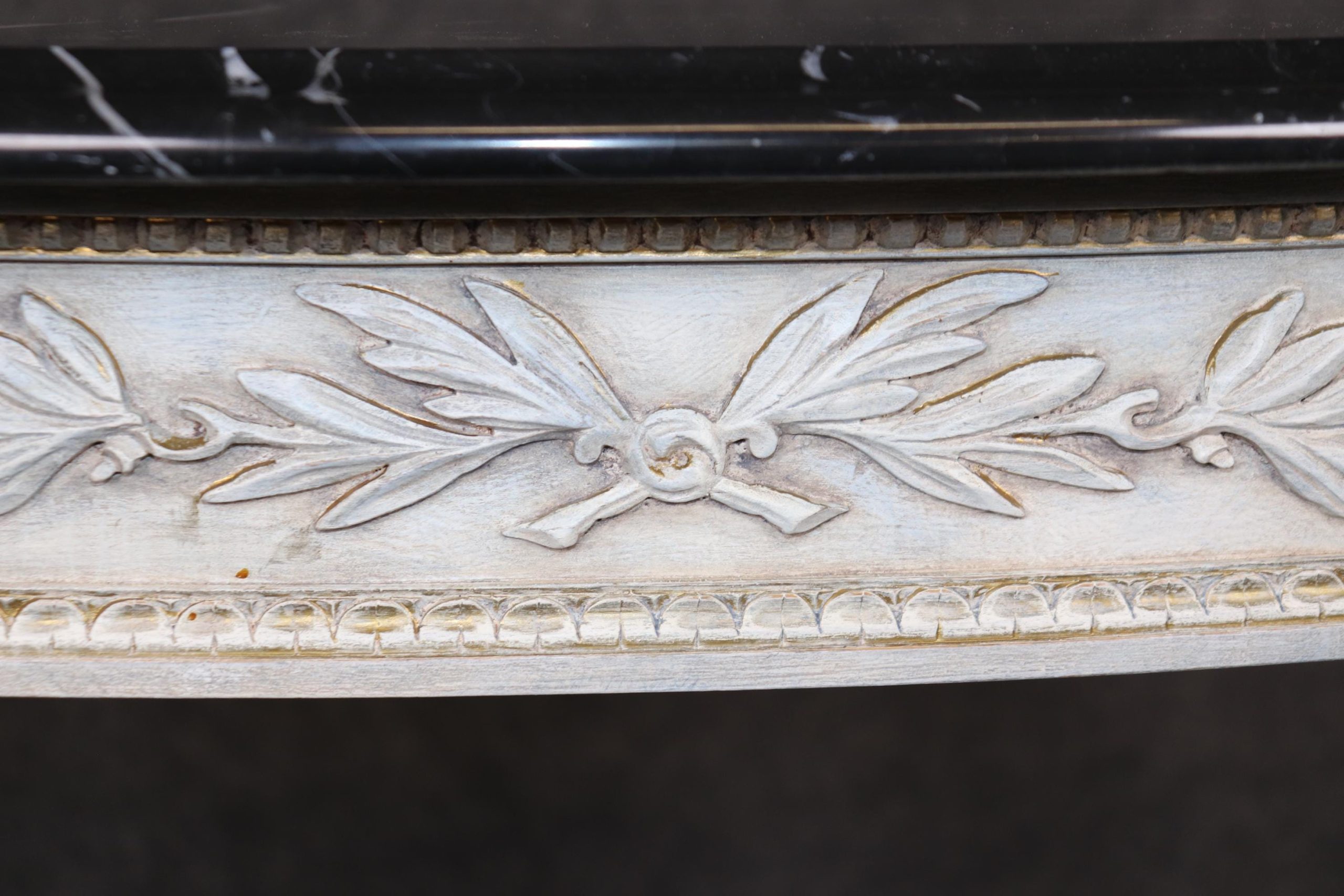 Mid Century Louis XVI Style Marble Top Console Tables - Distressed Painted Pair - Image 8