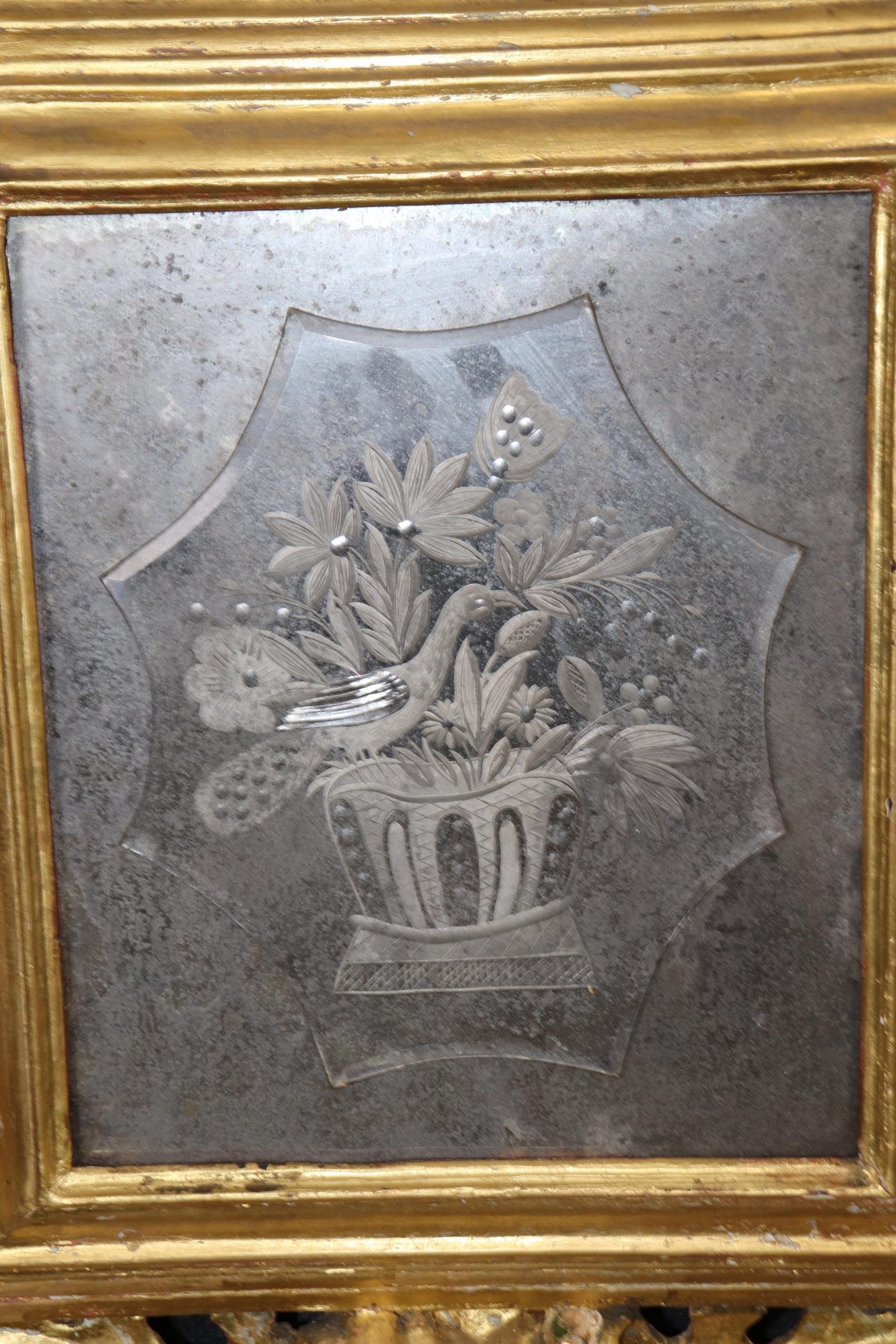 Antique Italian Gold Gilt Mirrors: Etched Glass Panel Pair - Image 6