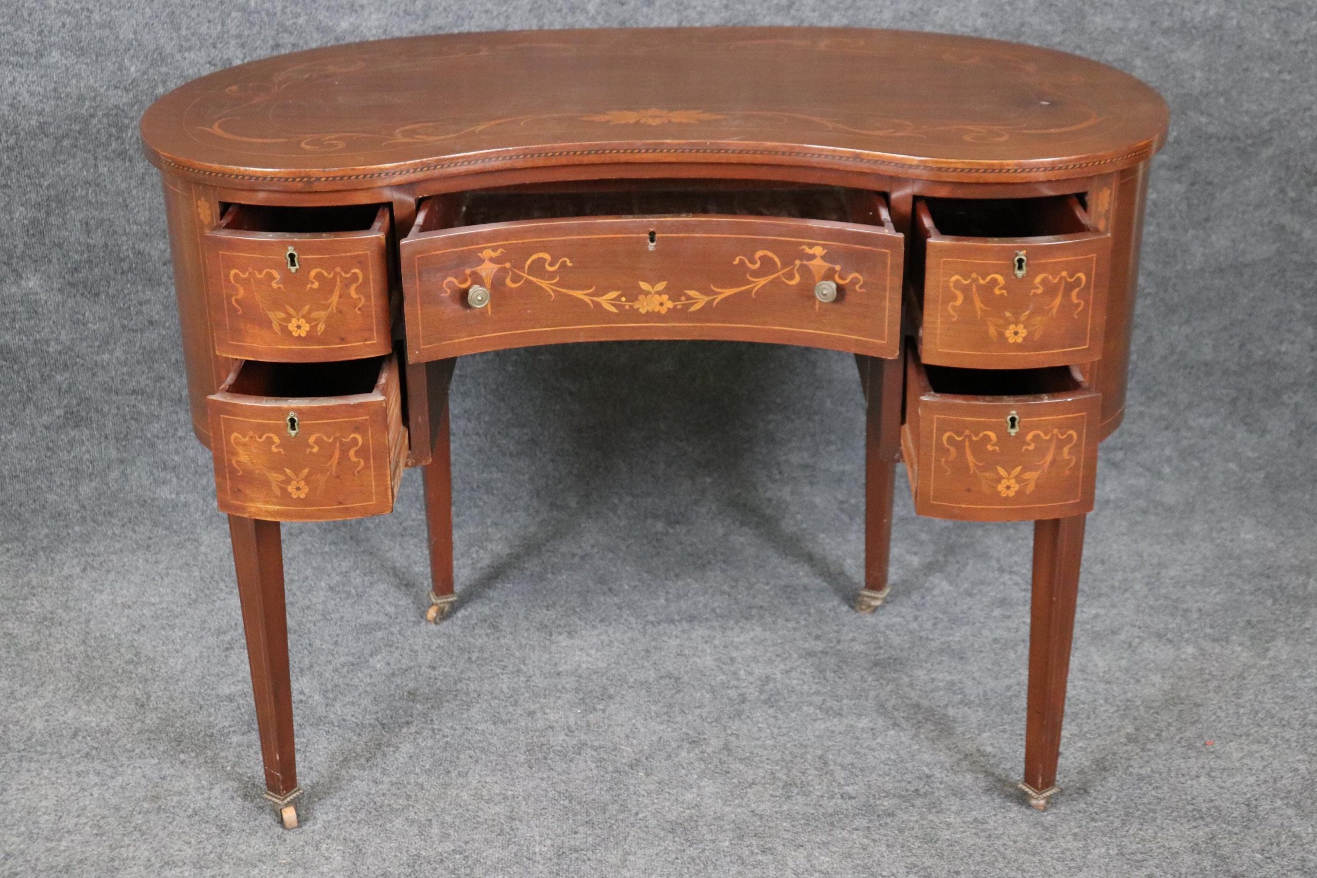 Antique Edwardian Inlaid Kidney Writing Desk with Drawers - Image 4