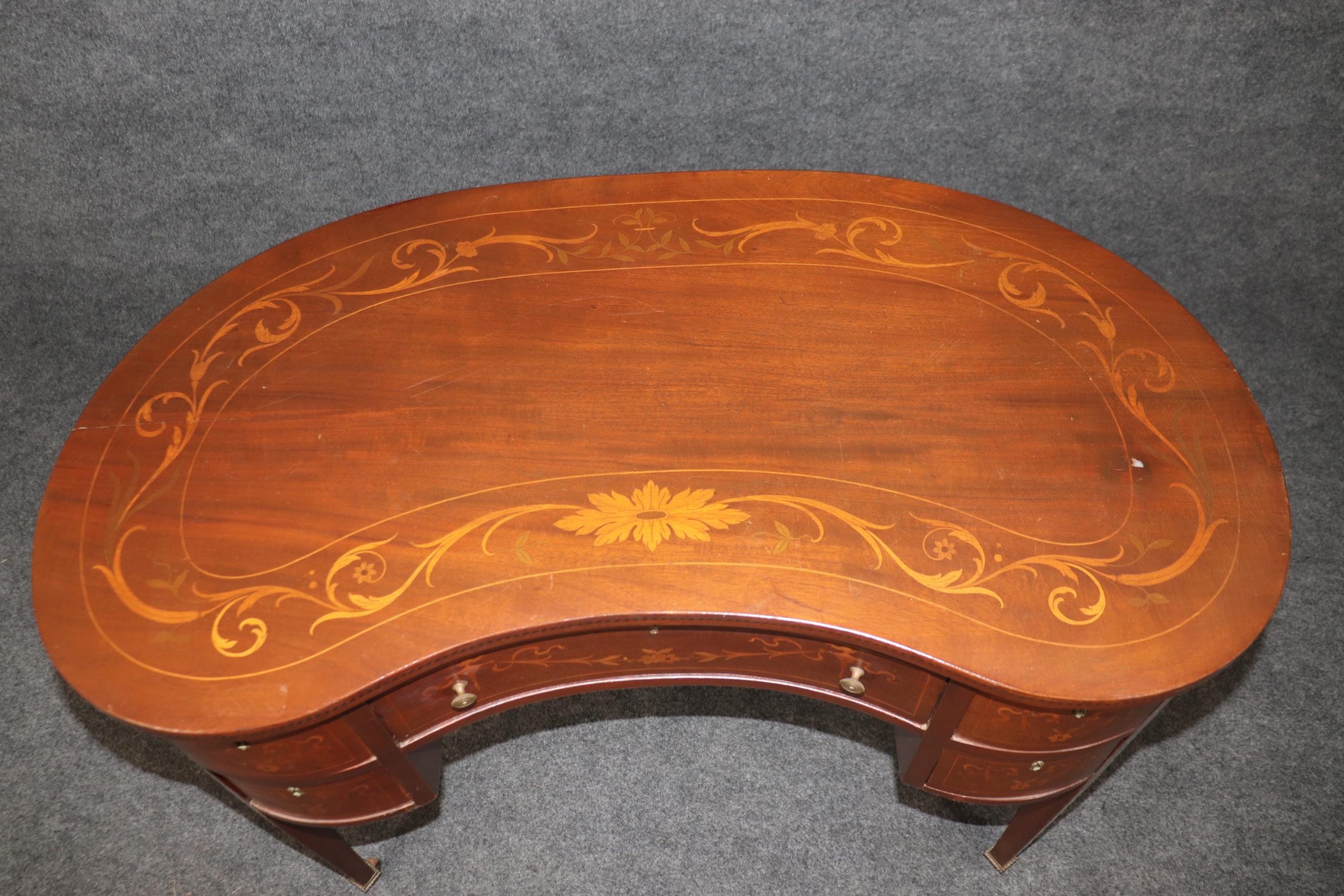 Antique Edwardian Inlaid Kidney Writing Desk with Drawers - Image 5