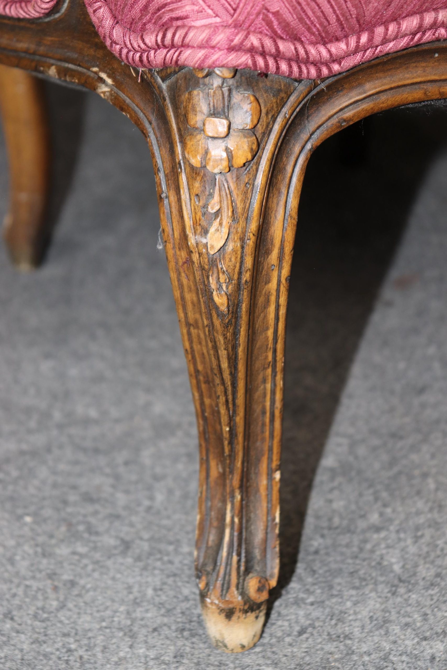 Antique French Louis XV Style Armchairs: Purple Upholstered Bergeres - Image 6