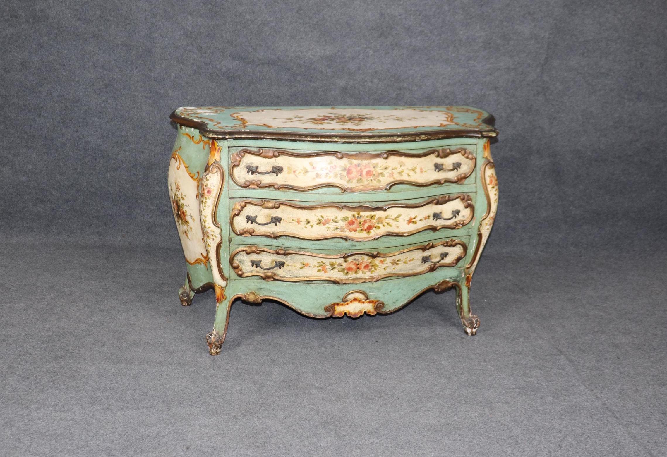 Antique 19th Century Venetian Bombe Commode: Painted Chest of Drawers