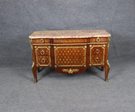 Antique French Louis XV Marble Top Commode: Bronze Mounted Inlaid Chest