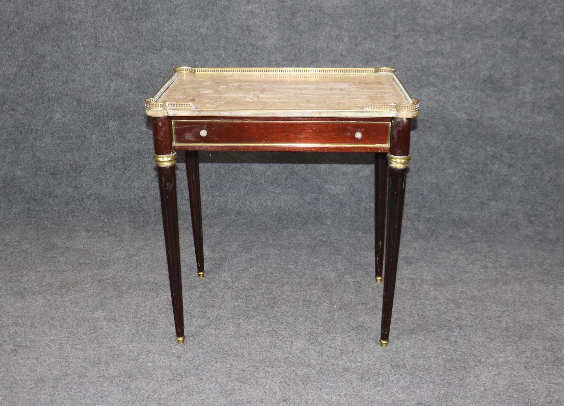 Vintage French Louis XVI Marble Top Side Table: Brass Accent End Table