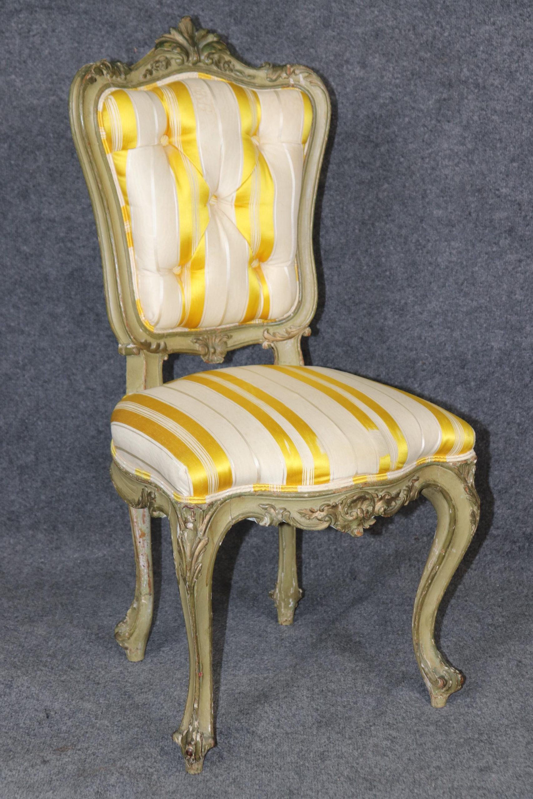 Antique French Louis XV Style Side Chair: Yellow Striped Upholstery - Image 2