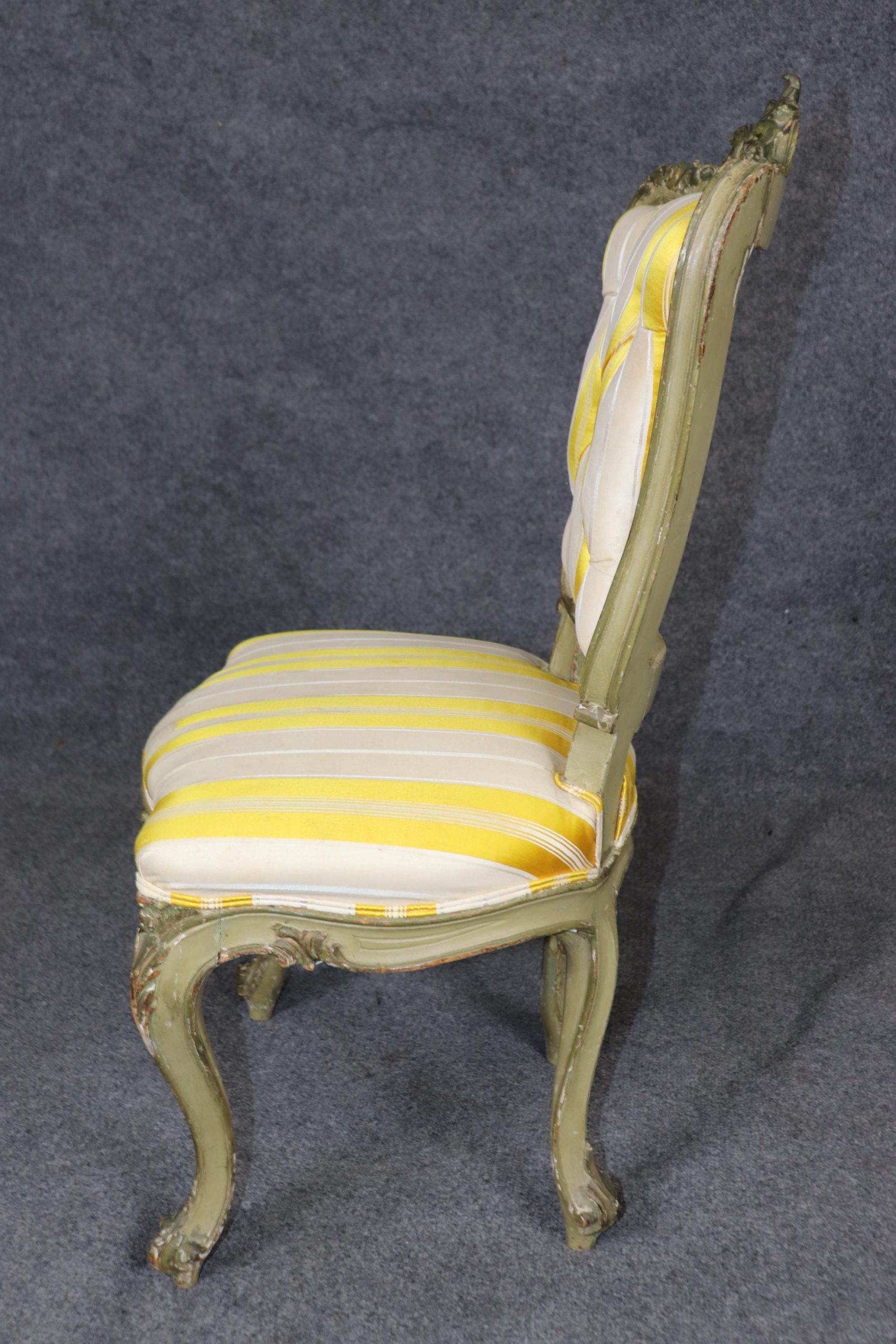 Antique French Louis XV Style Side Chair: Yellow Striped Upholstery - Image 3