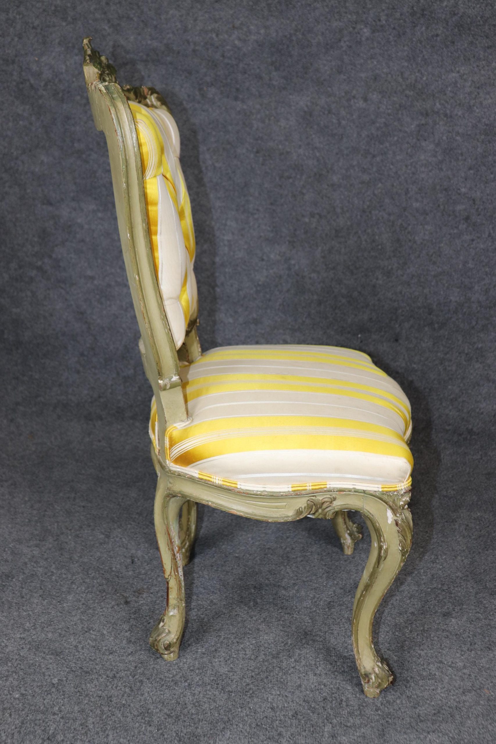 Antique French Louis XV Style Side Chair: Yellow Striped Upholstery - Image 5