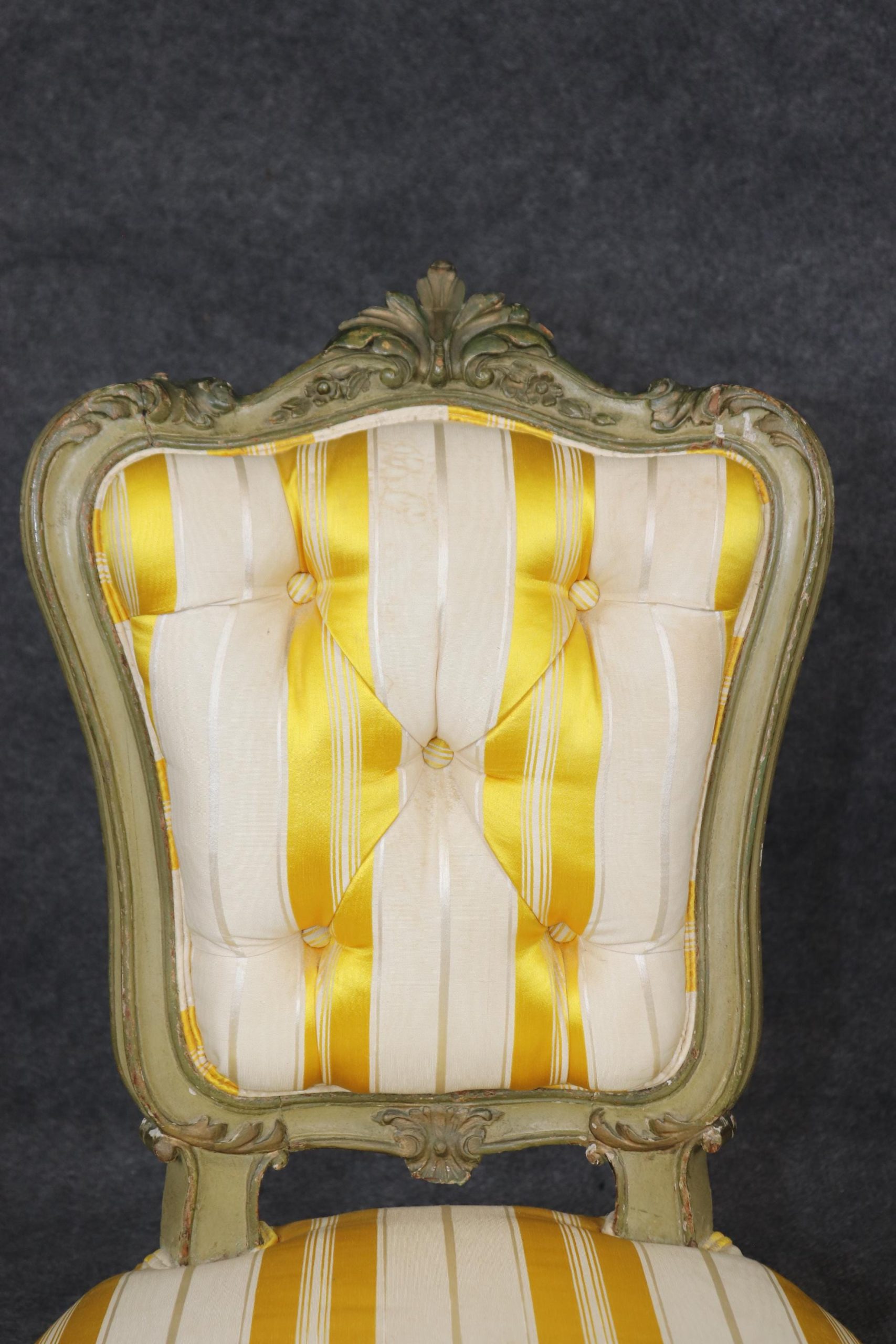 Antique French Louis XV Style Side Chair: Yellow Striped Upholstery - Image 6