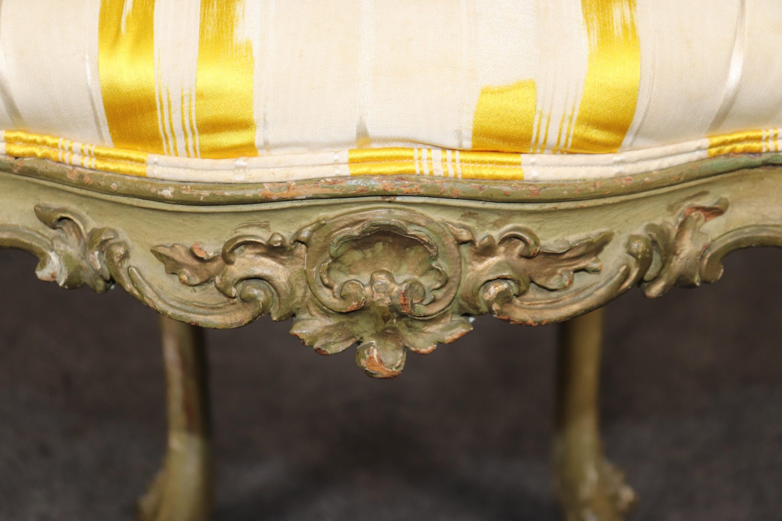 Antique French Louis XV Style Side Chair: Yellow Striped Upholstery - Image 8