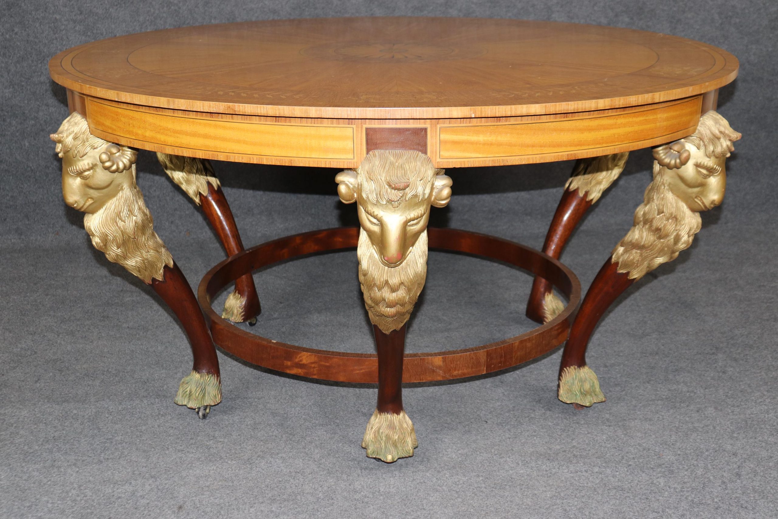 Vintage Regence Style Inlaid Center Table with Gold Rams Head - Image 2