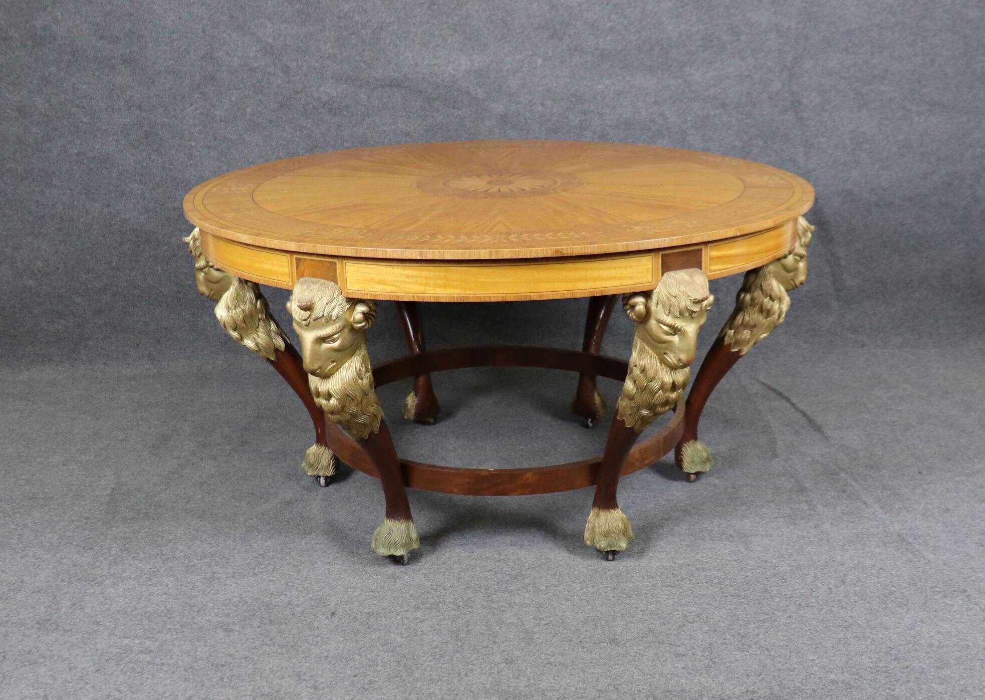 Vintage Regence Style Inlaid Center Table with Gold Rams Head